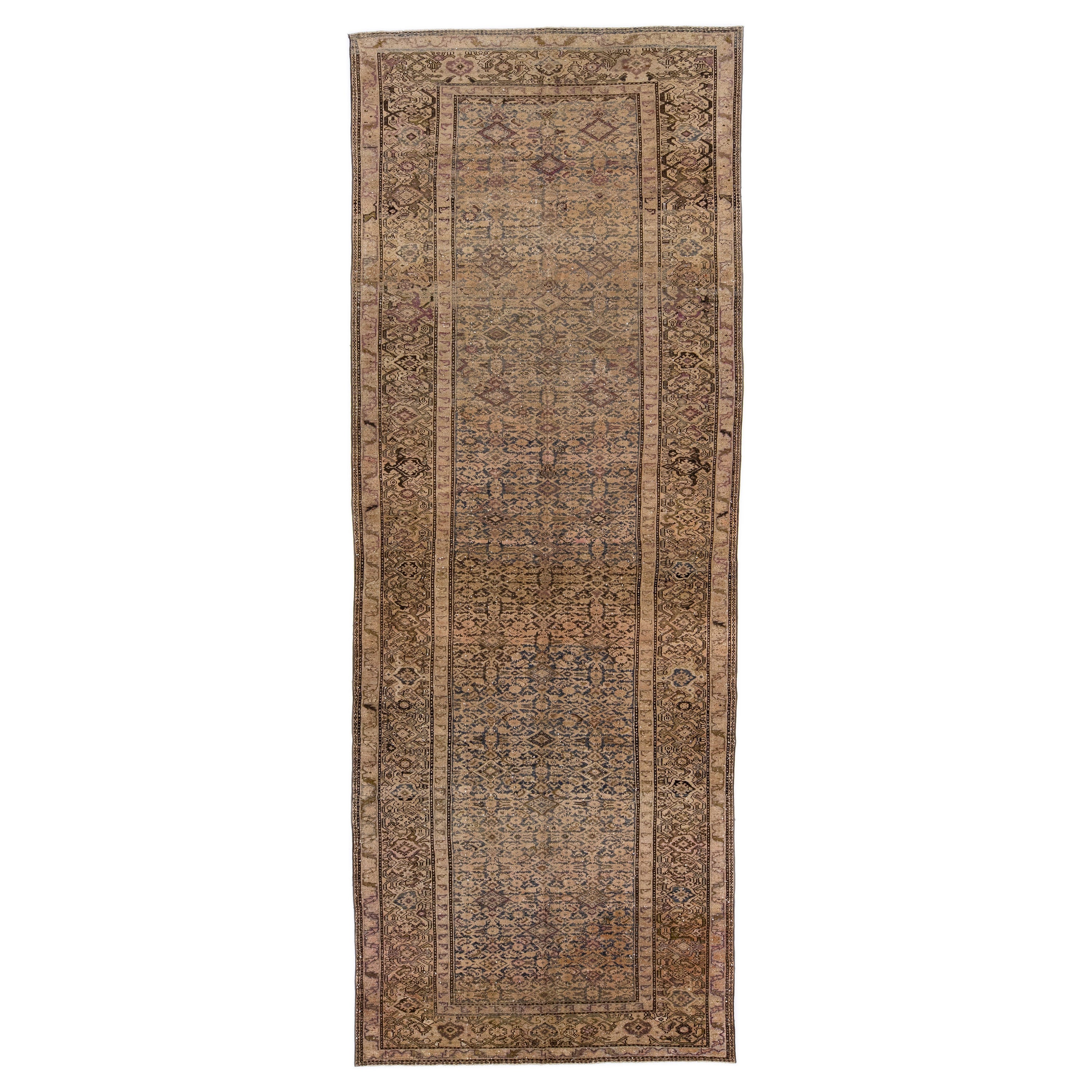 1900s Allover Antique Malayer Gallery Wool Rug Handmade in Brown