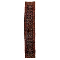 1900s Allover Designed Antique Heriz Wool Runner In Dark Blue