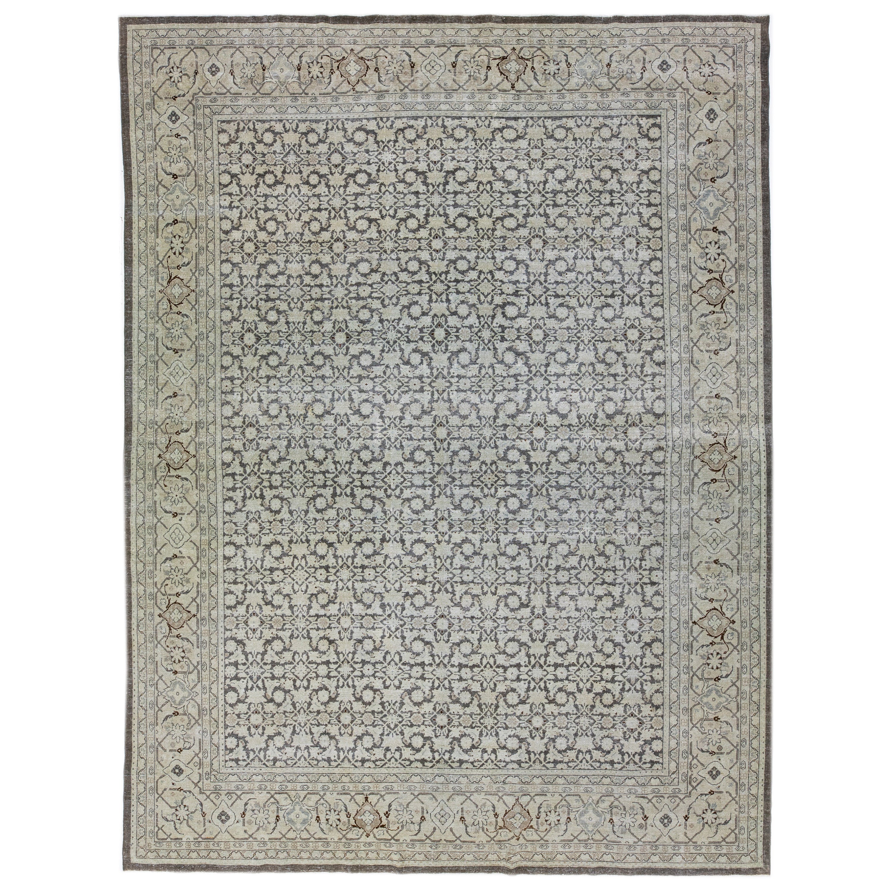 Handgefertigter persischer Täbris-Wollteppich in Grau und Beige, 1900er Jahre