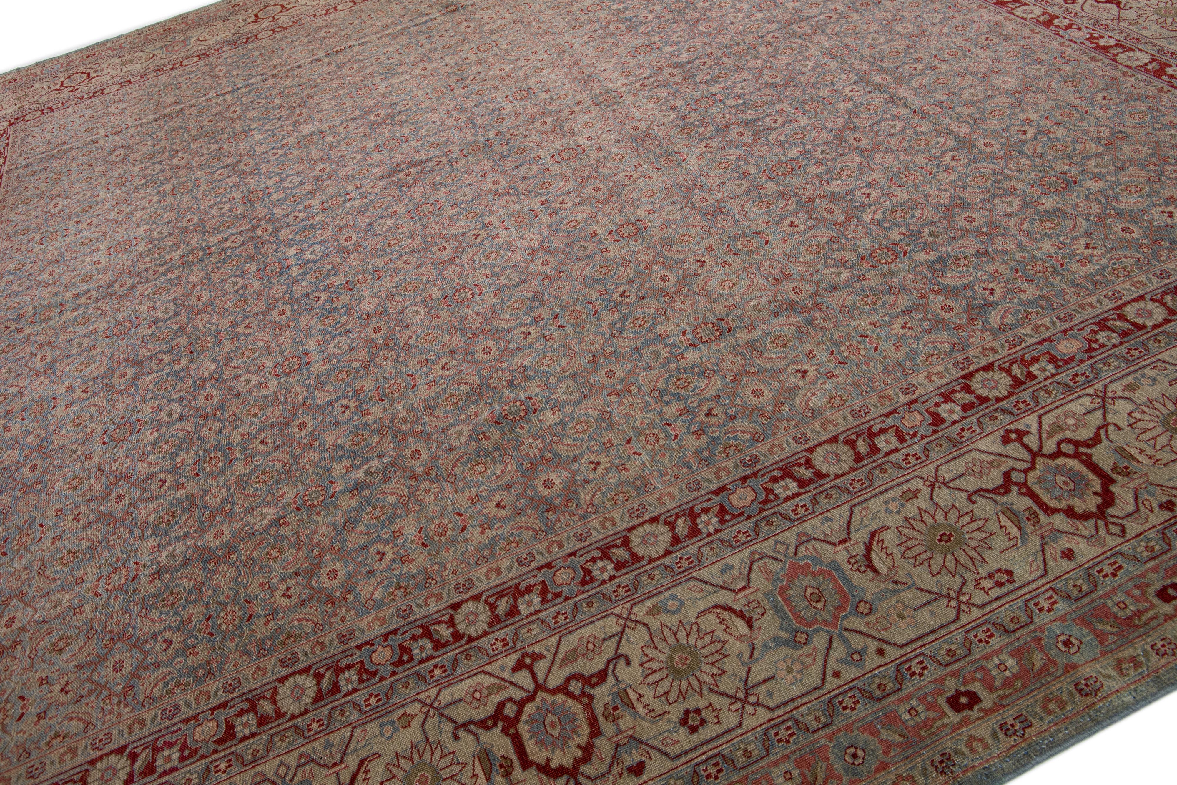 Hand-Knotted 1900s Allover Persian Tabriz Square Wool Rug Handmade in Blue and Red For Sale