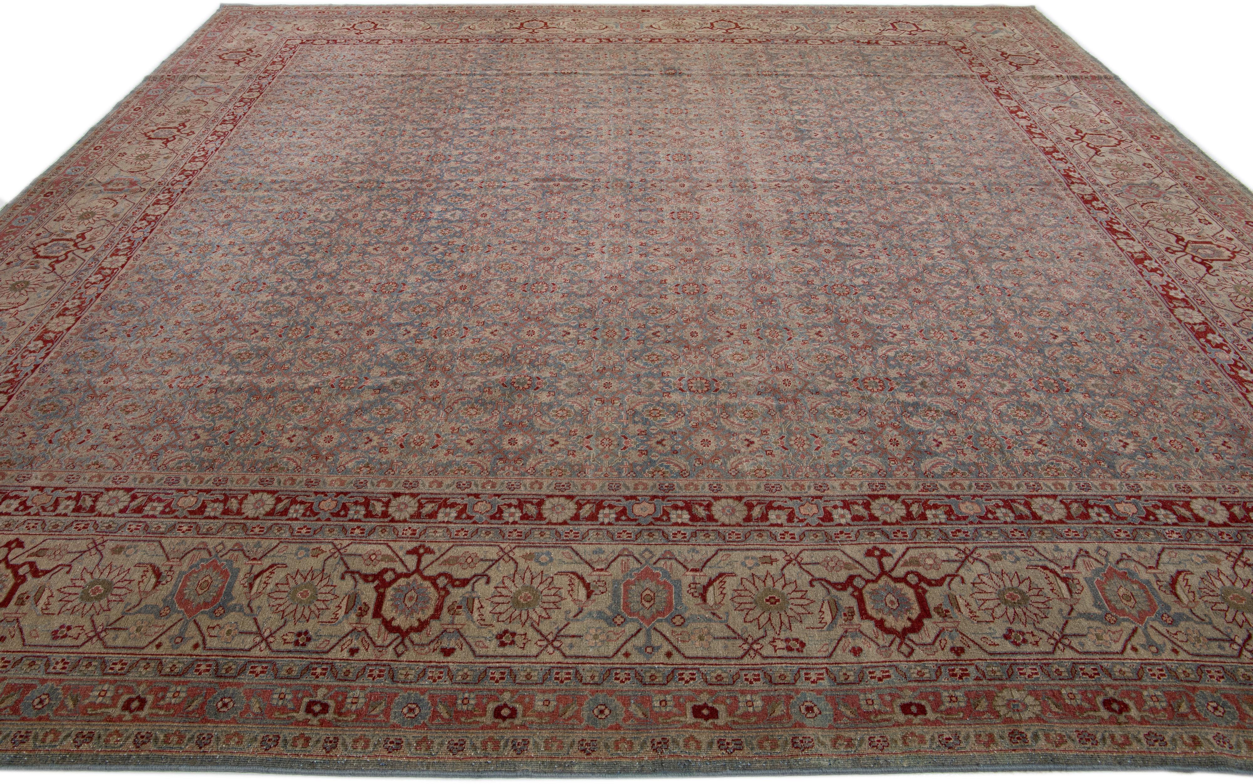 1900s Allover Persian Tabriz Square Wool Rug Handmade in Blue and Red In Good Condition For Sale In Norwalk, CT