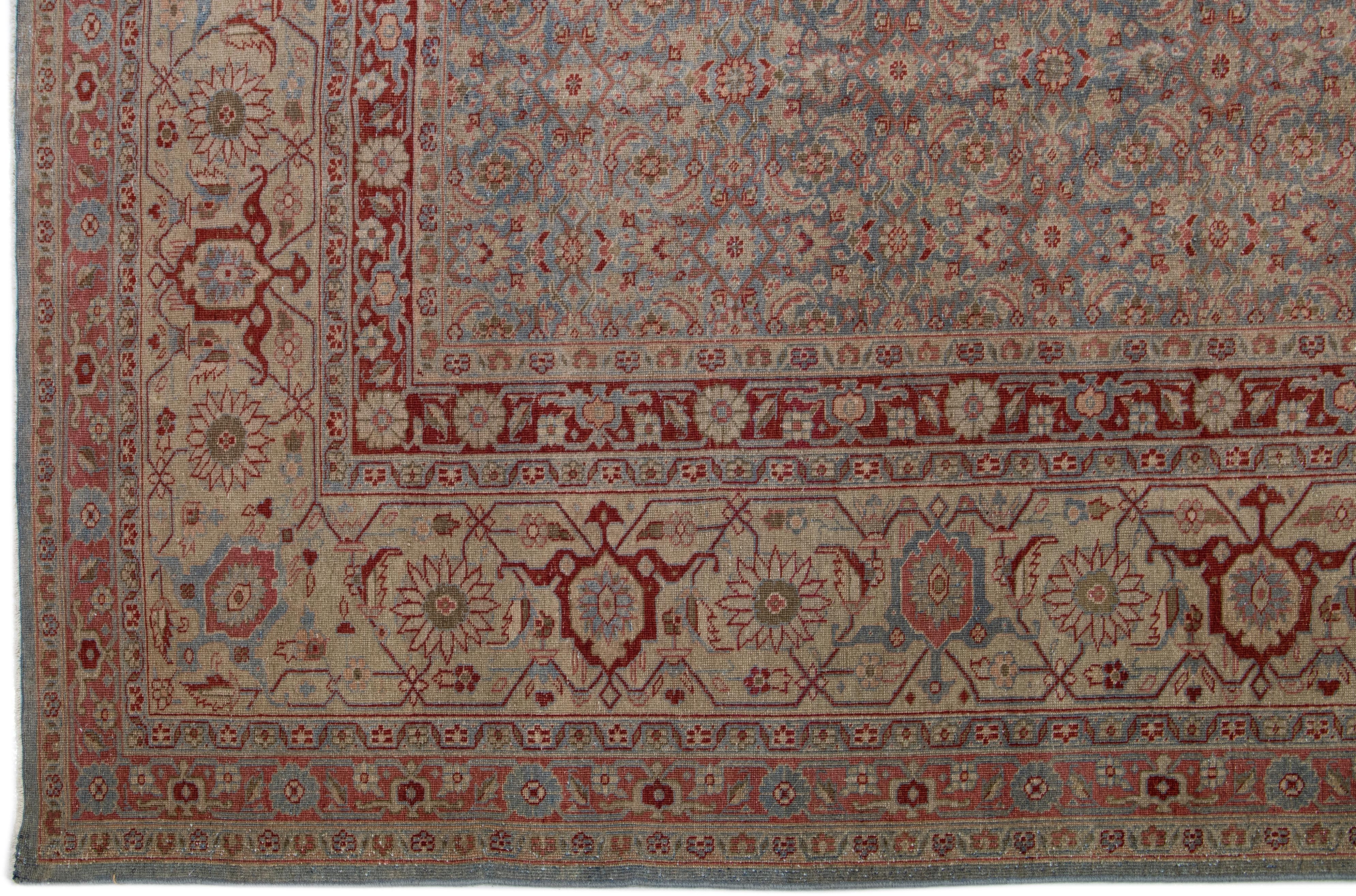 20th Century 1900s Allover Persian Tabriz Square Wool Rug Handmade in Blue and Red For Sale