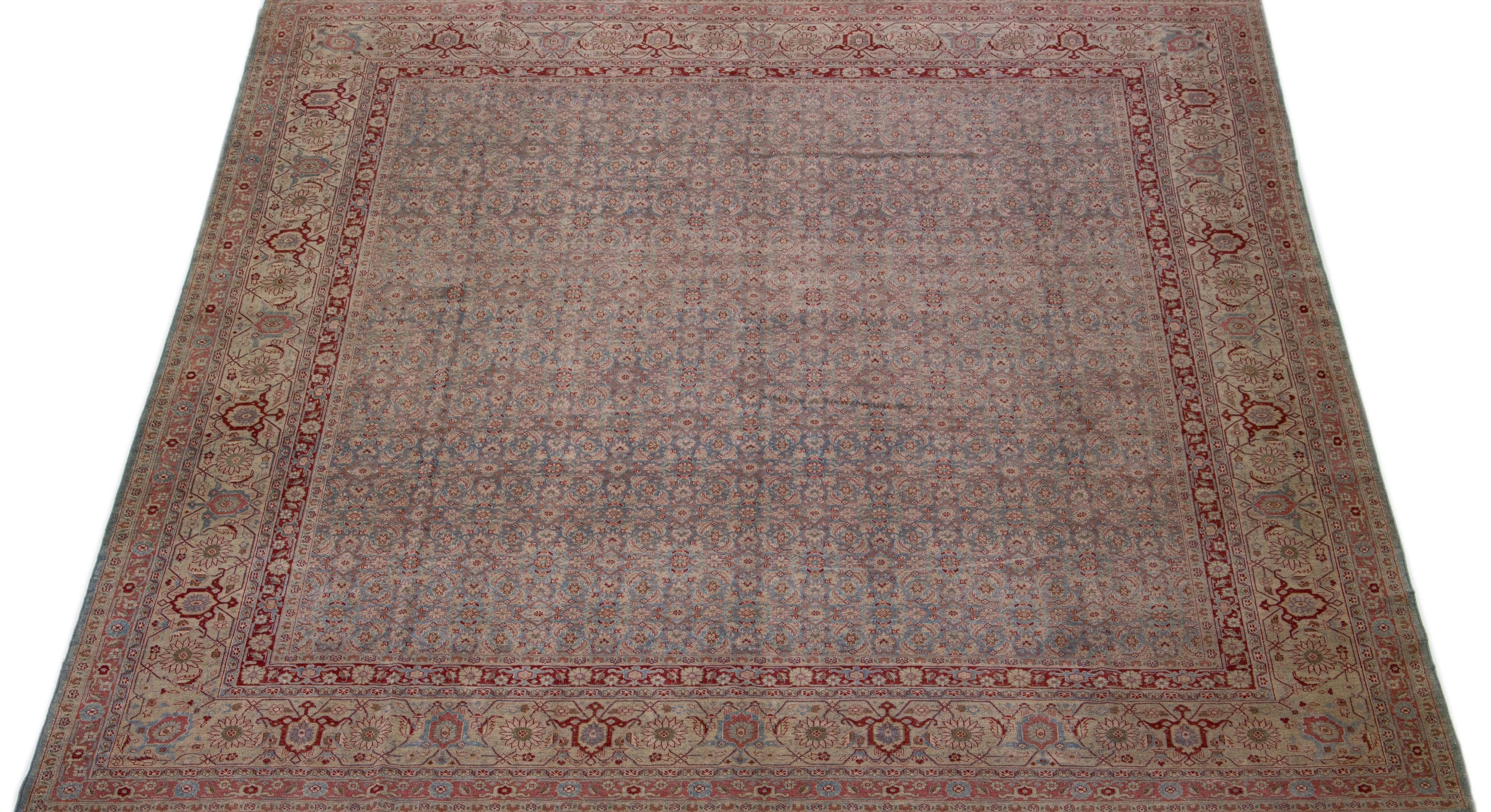 1900s Allover Persian Tabriz Square Wool Rug Handmade in Blue and Red For Sale 1