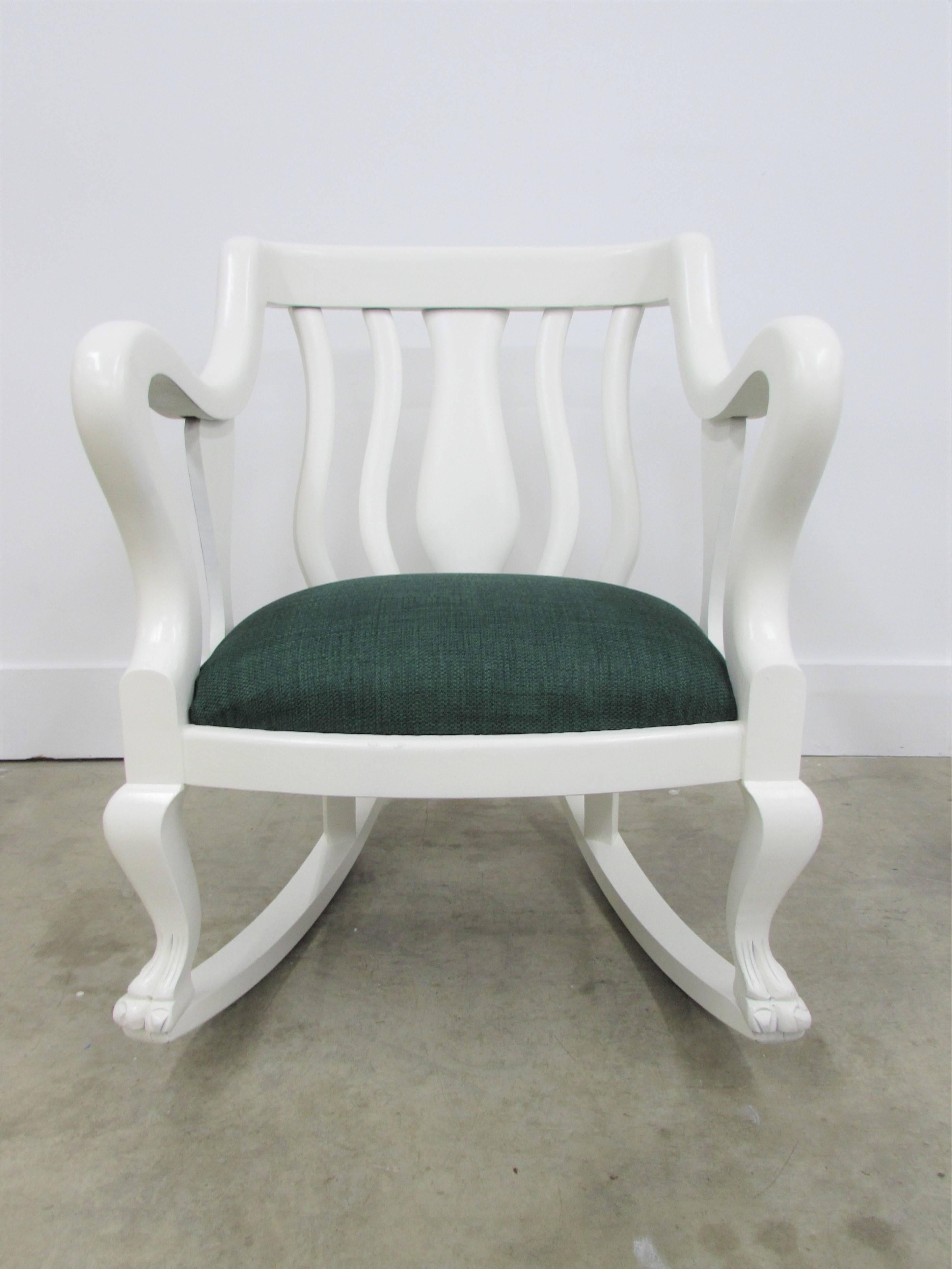 1900s American Empire mahogany rocking chair with claw foot lacquered in-house in alabaster with a new seat bottom and upholstery in a 
multi-colored green tweed fabric. Has a few antique imperfections but is very unique and made by Artisans.
Seat