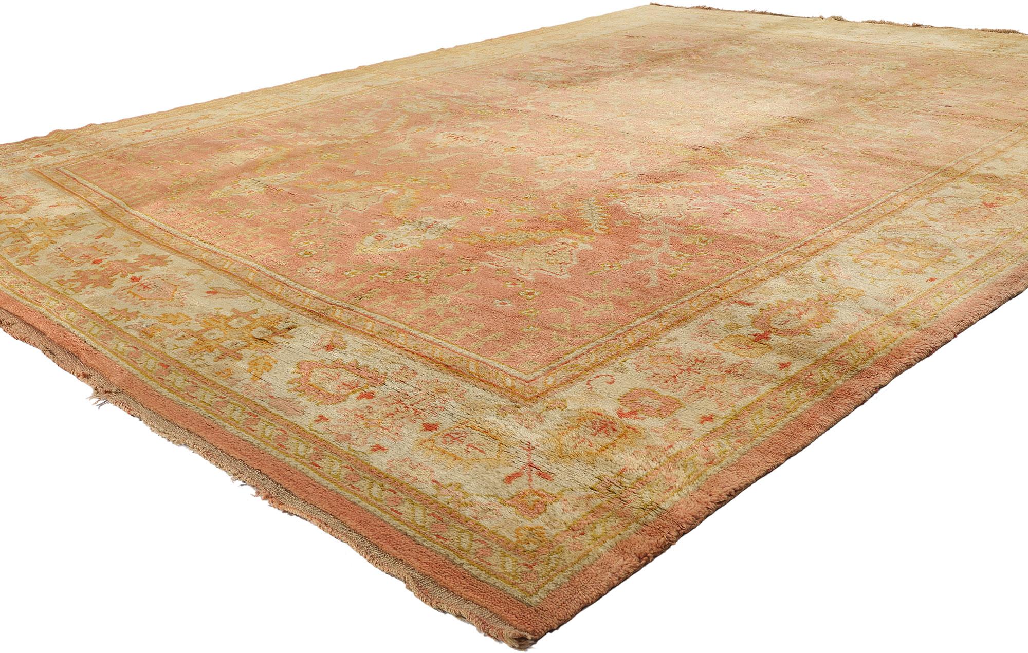 74249 Antique Turkish Oushak Rug, 09'10 x 12'08. Bathed in the soft glow of time, this exquisite hand-knotted antique Turkish Oushak rug whispers tales of Anatolian artistry with every delicate knot and faded hue. Woven in the storied weaving