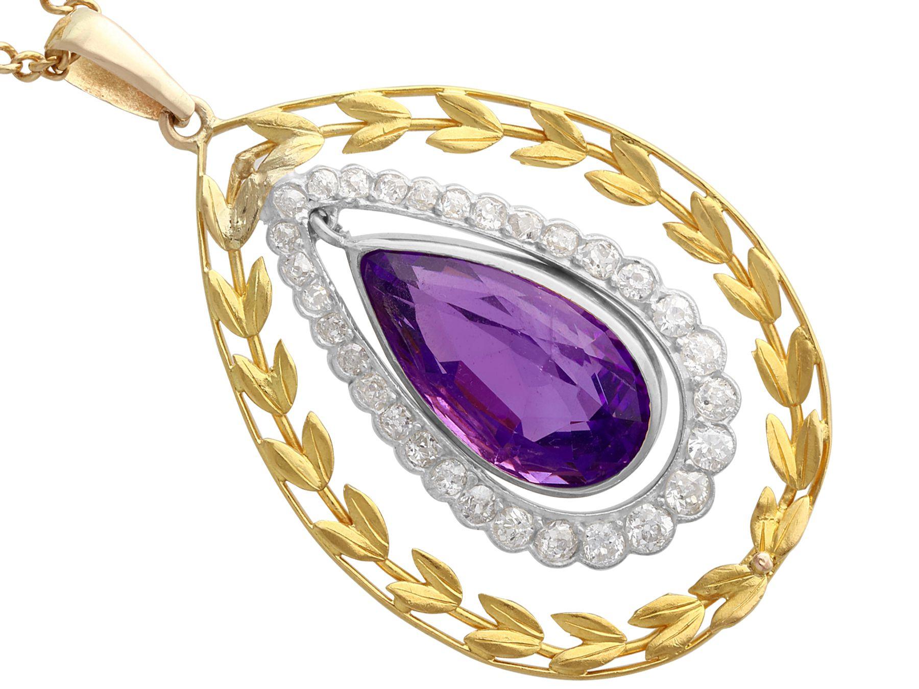 Pear Cut 1900s Antique 10.88 Carat Amethyst and 1.88 Carat Diamond Yellow Gold Pendant For Sale