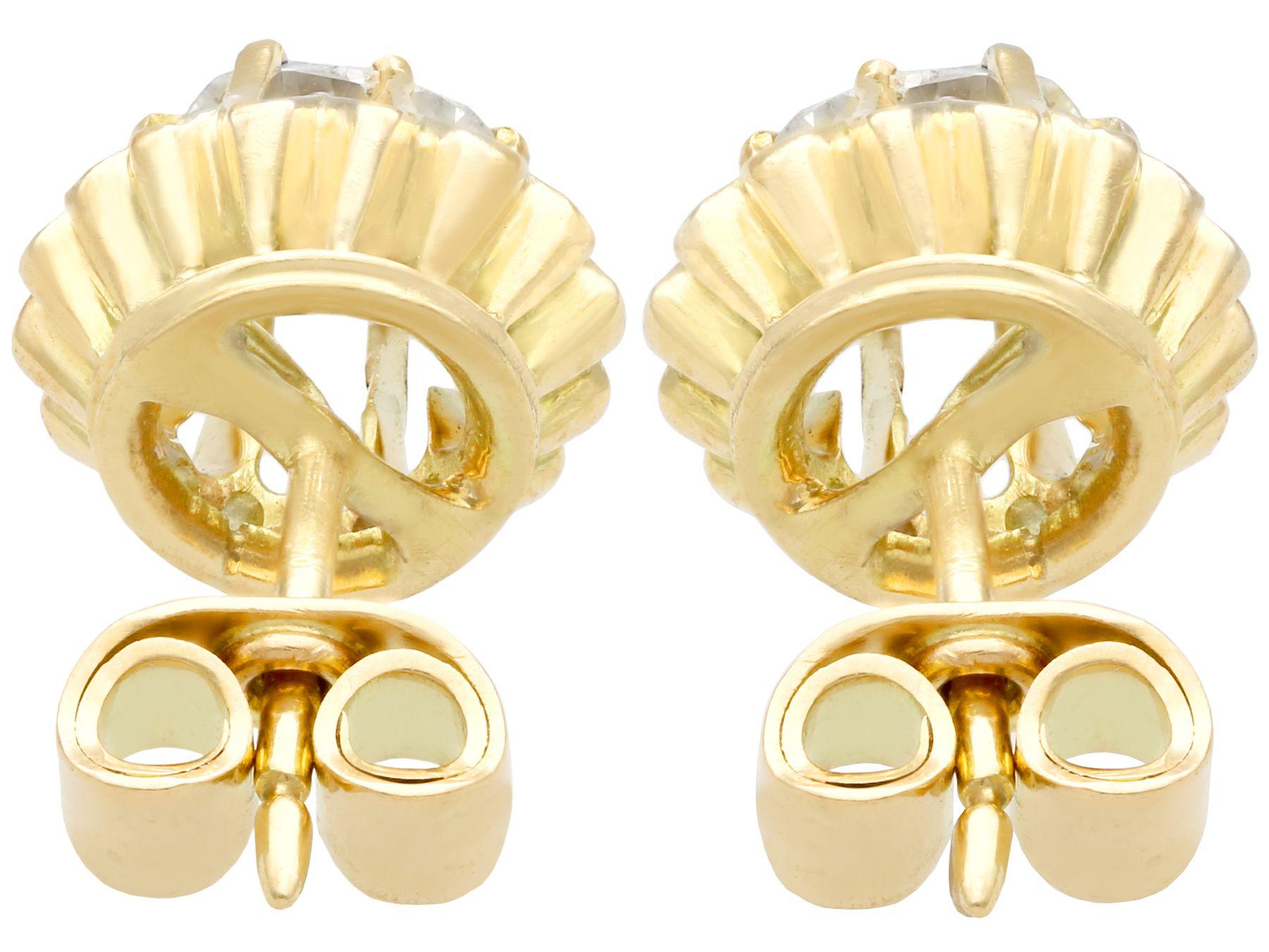 Old European Cut Antique 1.13 Carat Diamond and Yellow Gold Stud Earrings For Sale