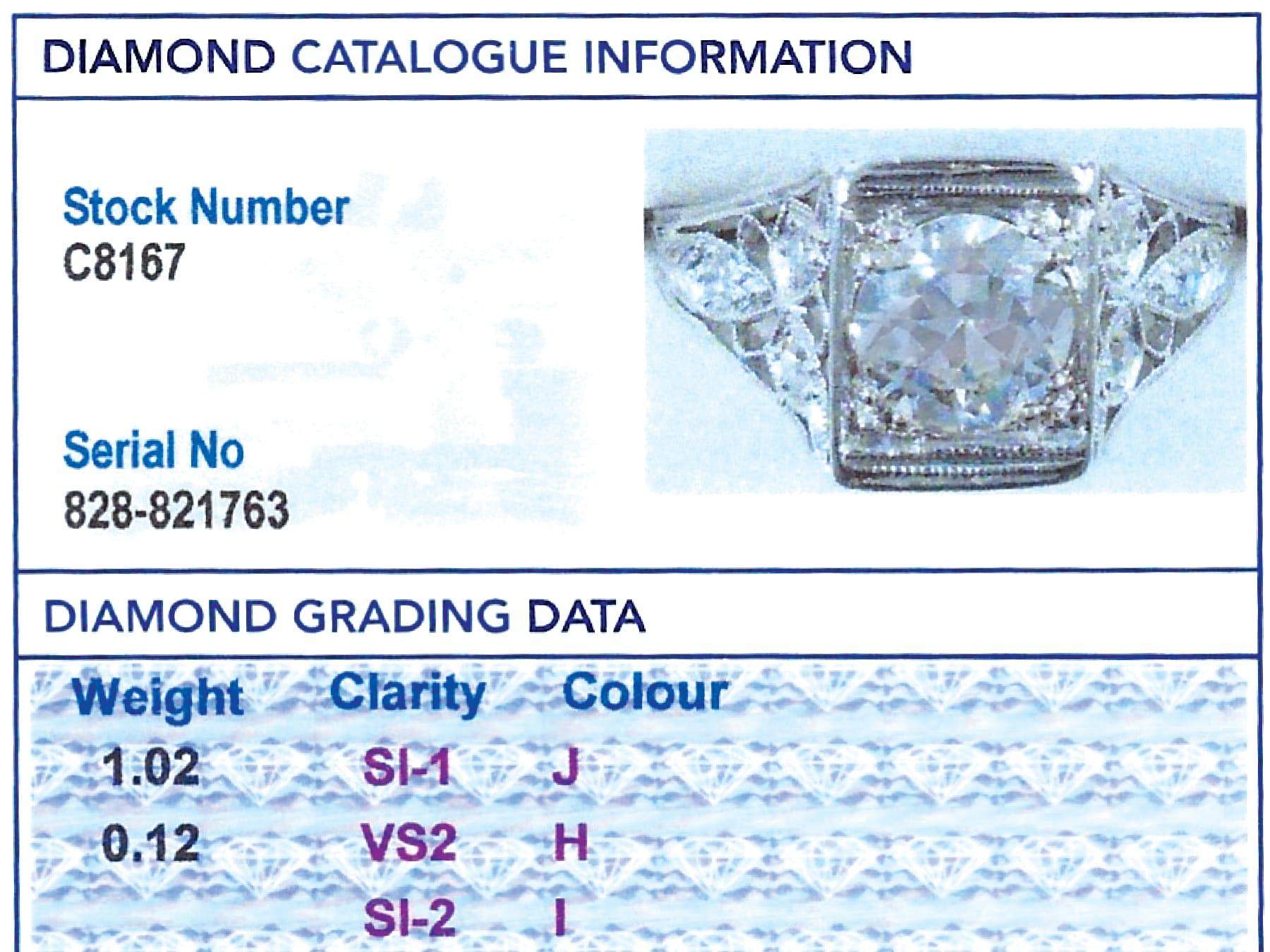 1900s Antique 1.14 Carat Diamond and Platinum Solitaire Ring For Sale 4