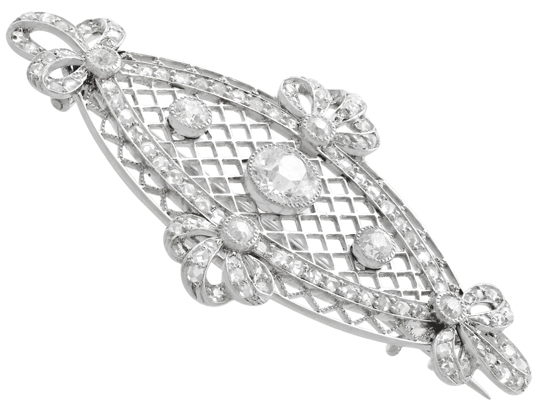 Old European Cut 1900s Antique 1.84 Carat Diamond and Platinum Brooch For Sale