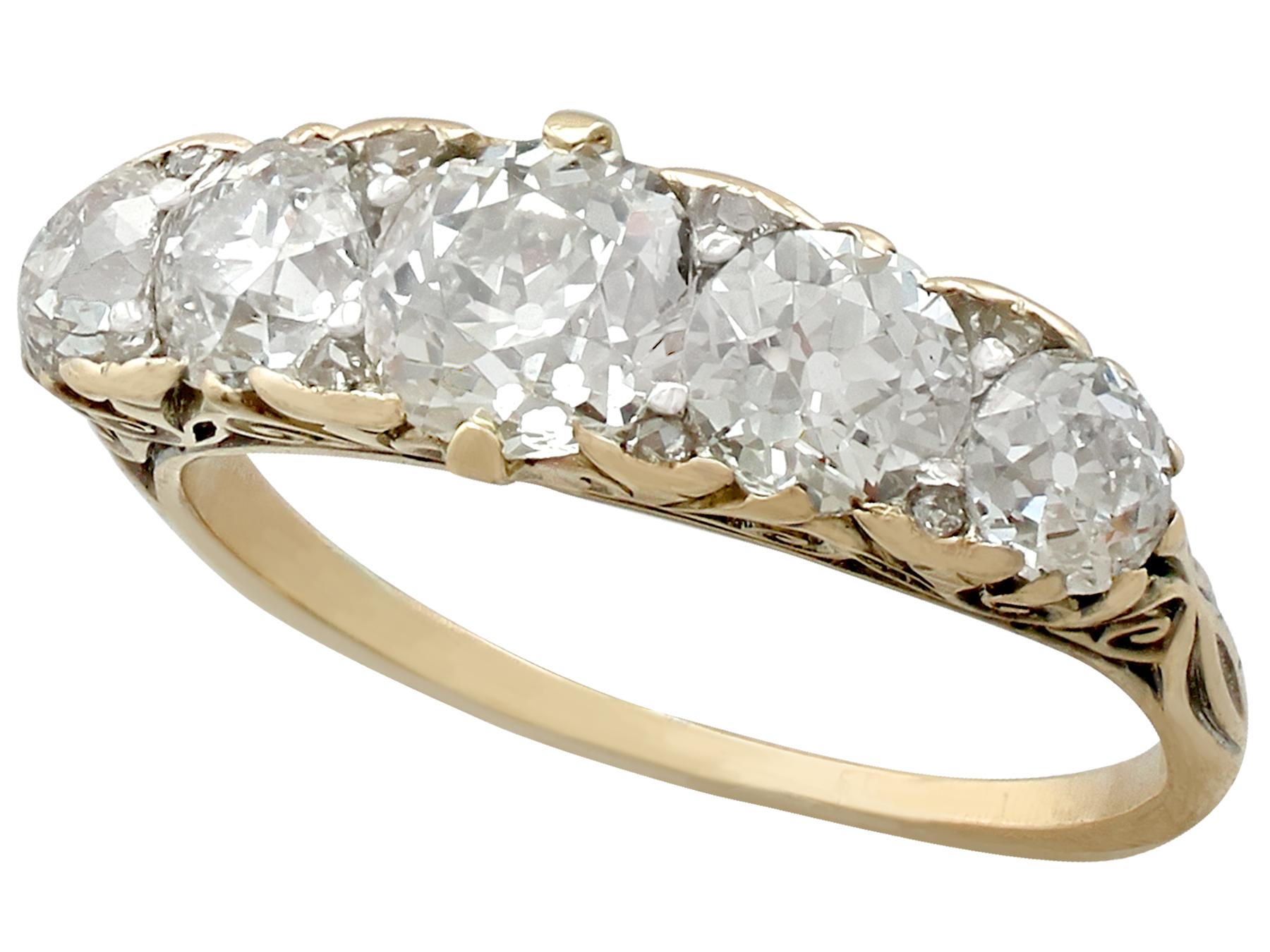 Women's or Men's 1900s Antique 2.44 Carat Diamond and Yellow Gold Five-Stone Ring