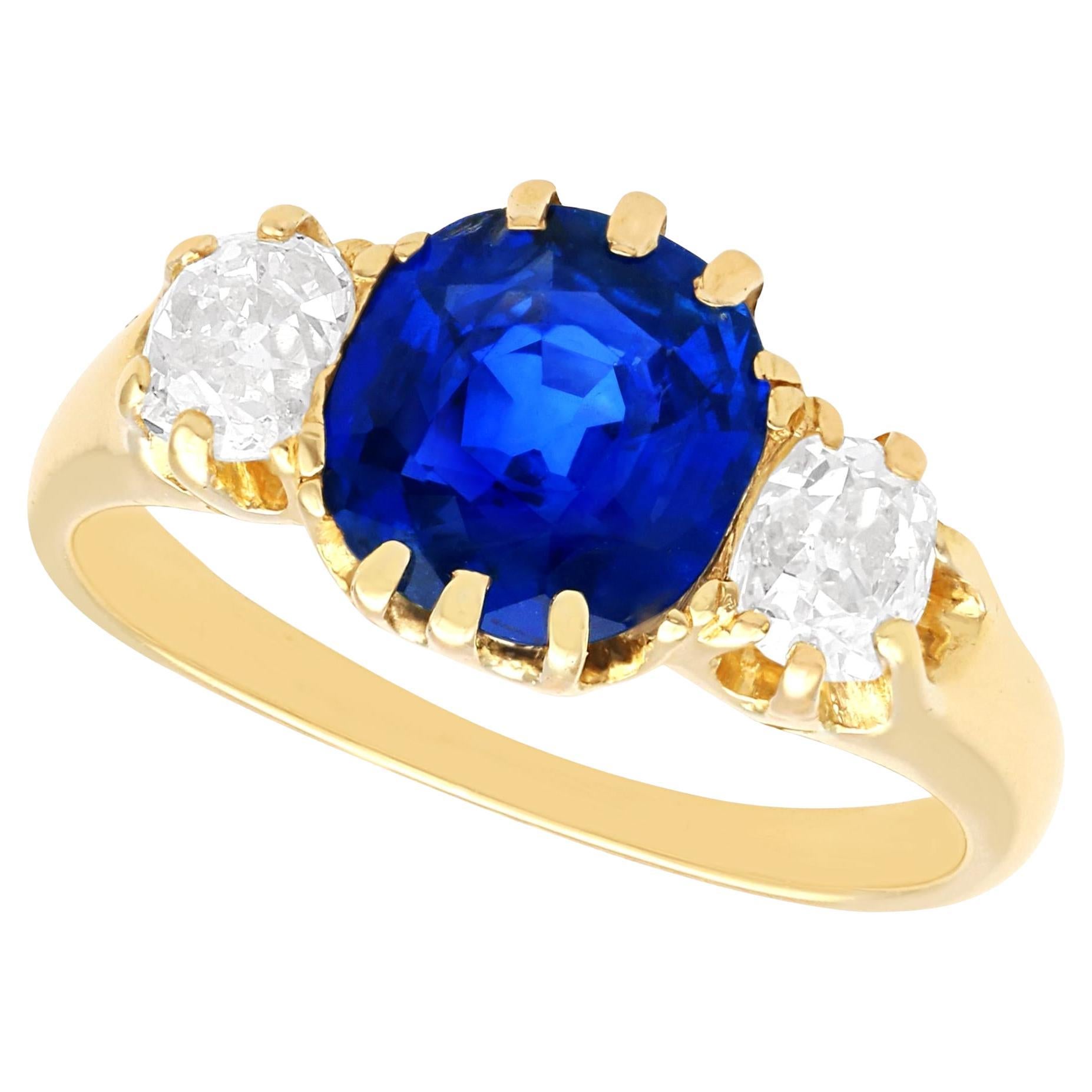 1900s Antique 2.84 Carat Ceylon Sapphire and 1.04 Carat Diamond Trilogy Ring For Sale