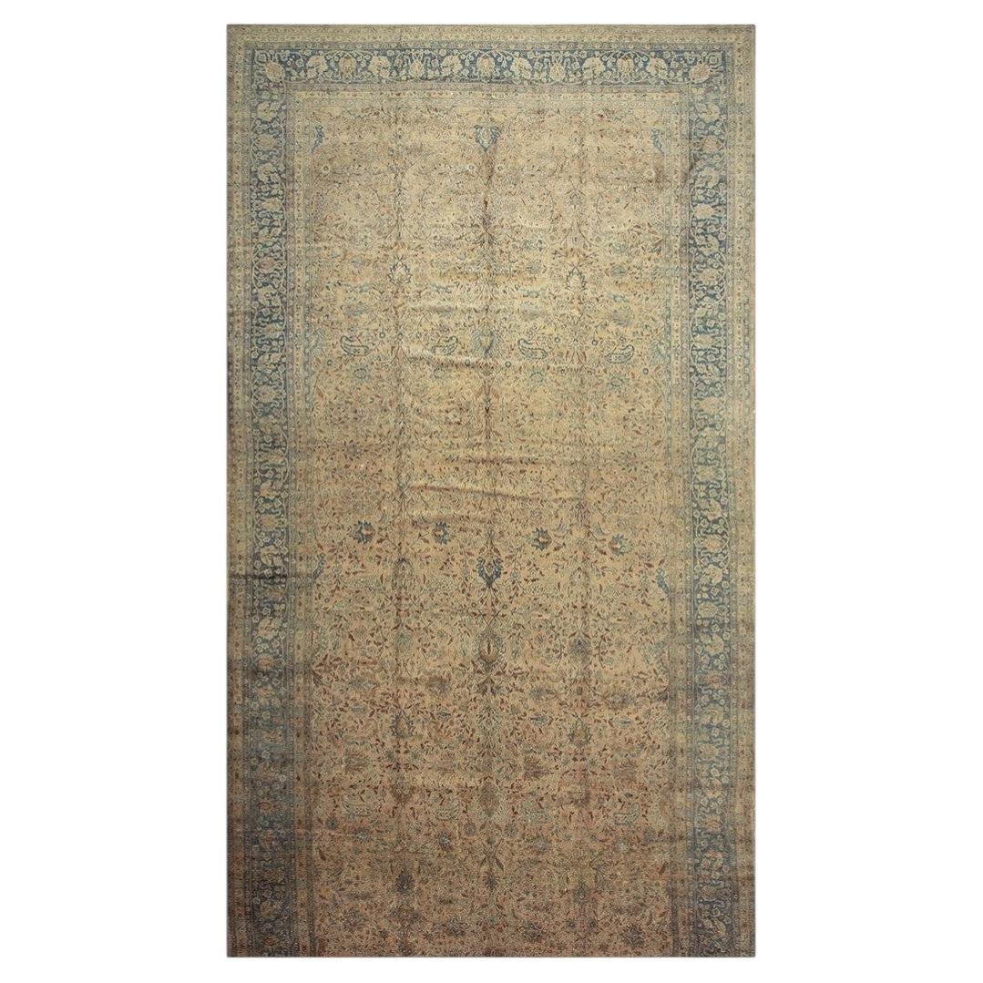 1900s Antique Beige Field Floral Mashad Gallery Rug