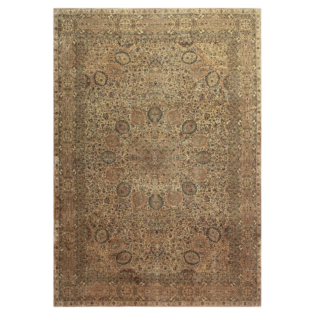 1900s Antique Beige Ground Shah Abbas Floral Kerman Knotted Wool Carpet Rug