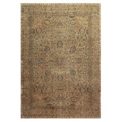 1900s Antique Beige Ground Shah Abbas Floral Kerman Knotted Wool Carpet Rug