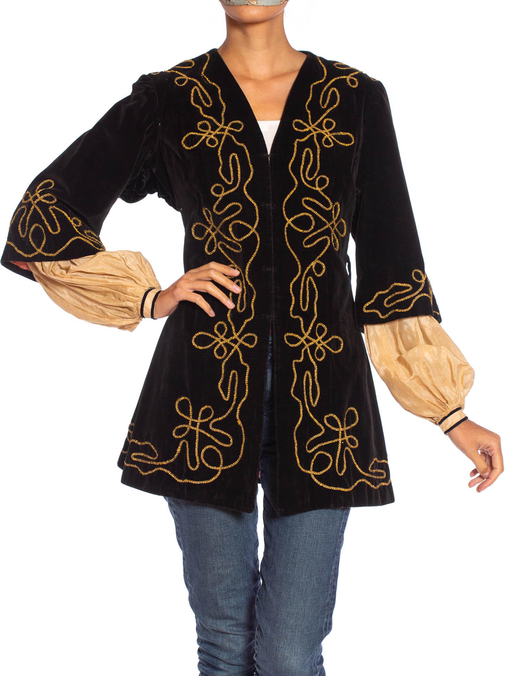 1900S Antique Black Cotton Velvet Medieval Theatrical Costume Jacket With Gold Braid Details