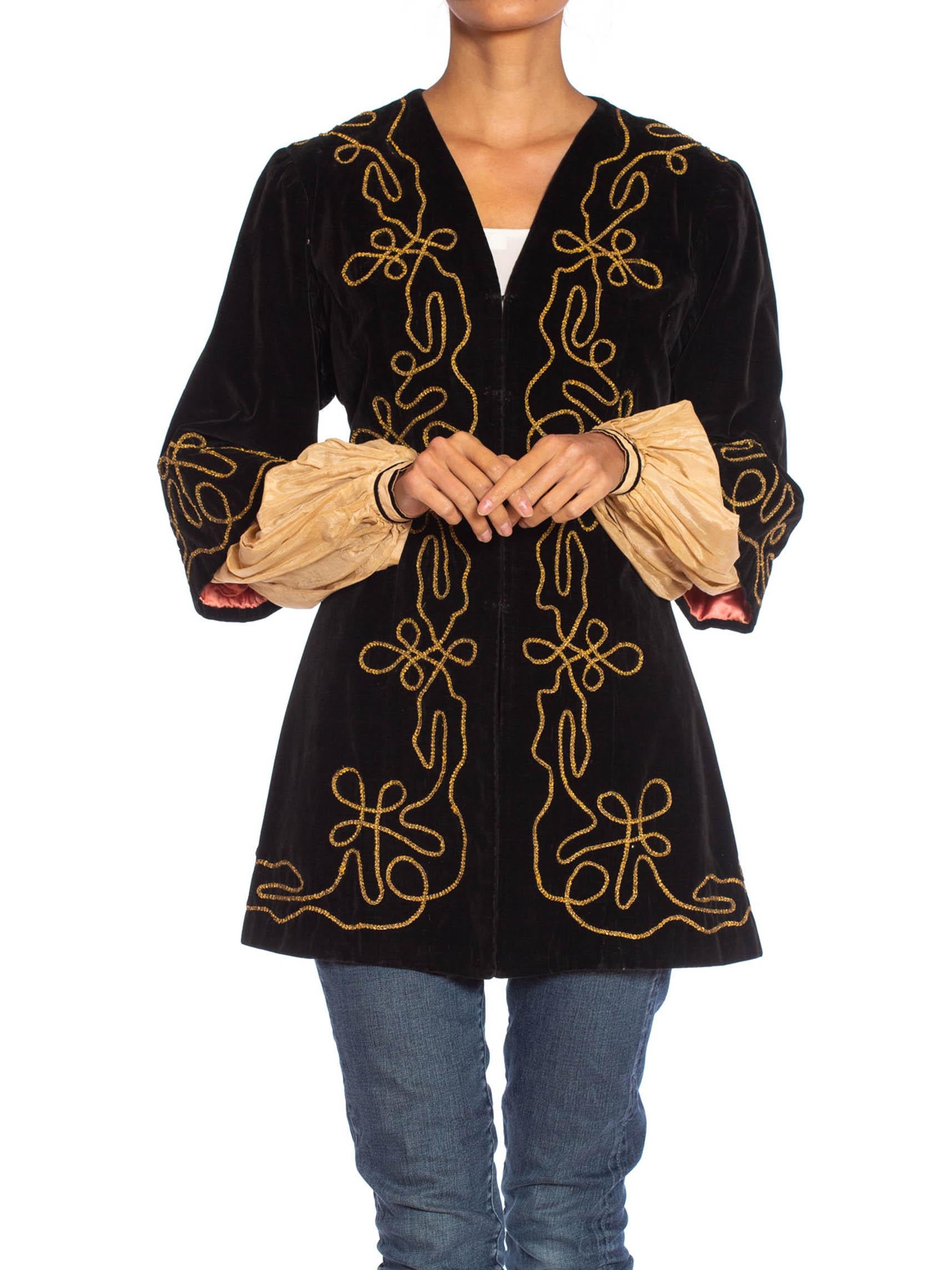 1900S Antique Black Cotton Velvet Medieval Theatrical Costume Jacket With Gold  For Sale 2