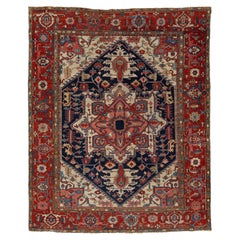 1900s Antique Blue Persian Heriz Wool Rug With Allover Pattern