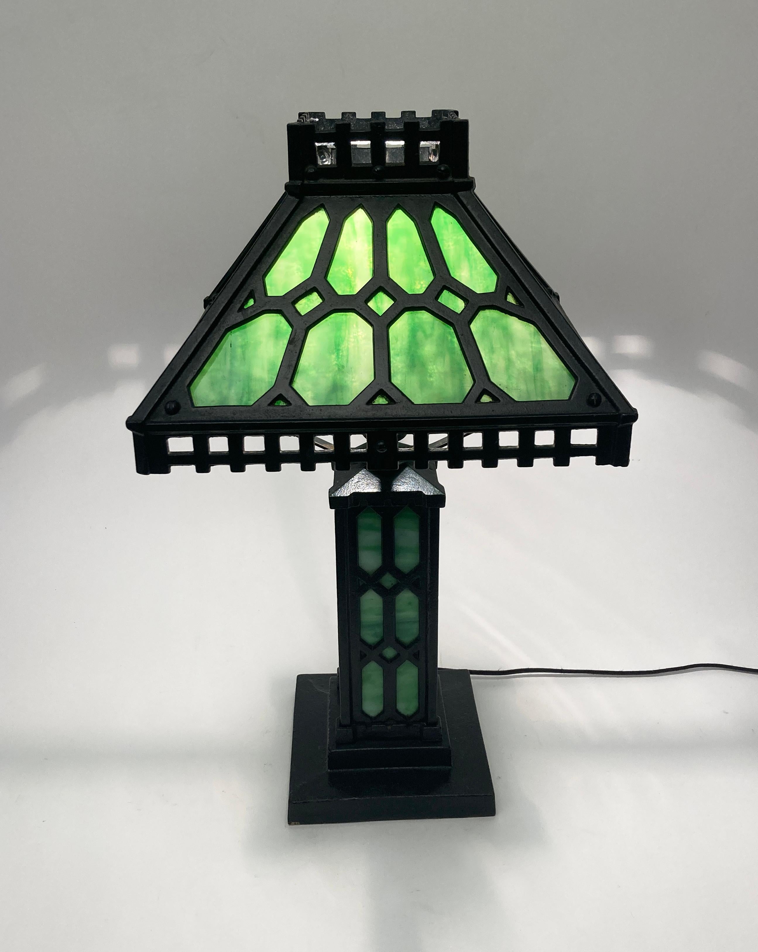 American 1900's Antique Bradley & Hubbard Mission Green Slag and Cast Iron Lamp For Sale