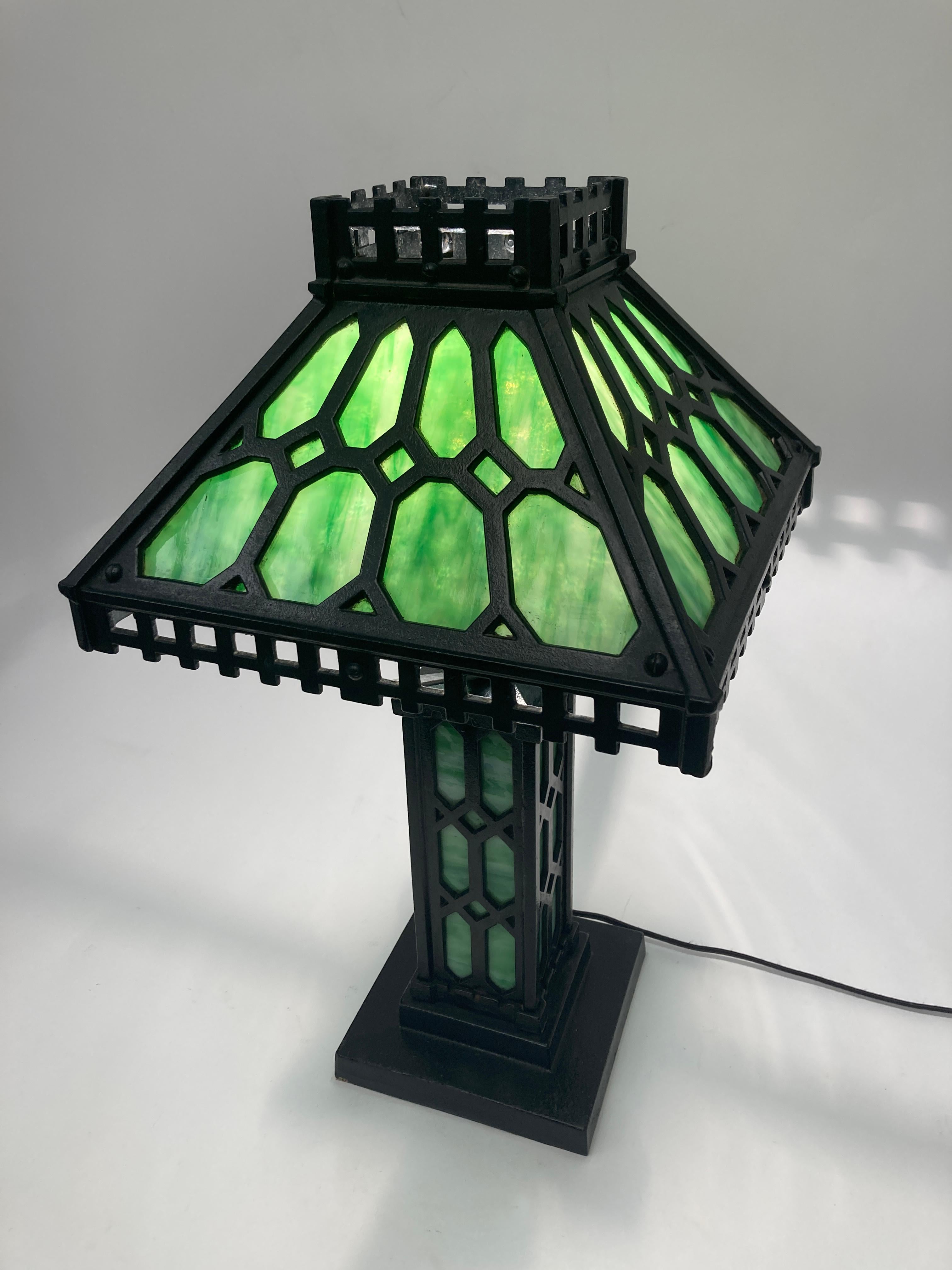 Painted 1900's Antique Bradley & Hubbard Mission Green Slag and Cast Iron Lamp For Sale