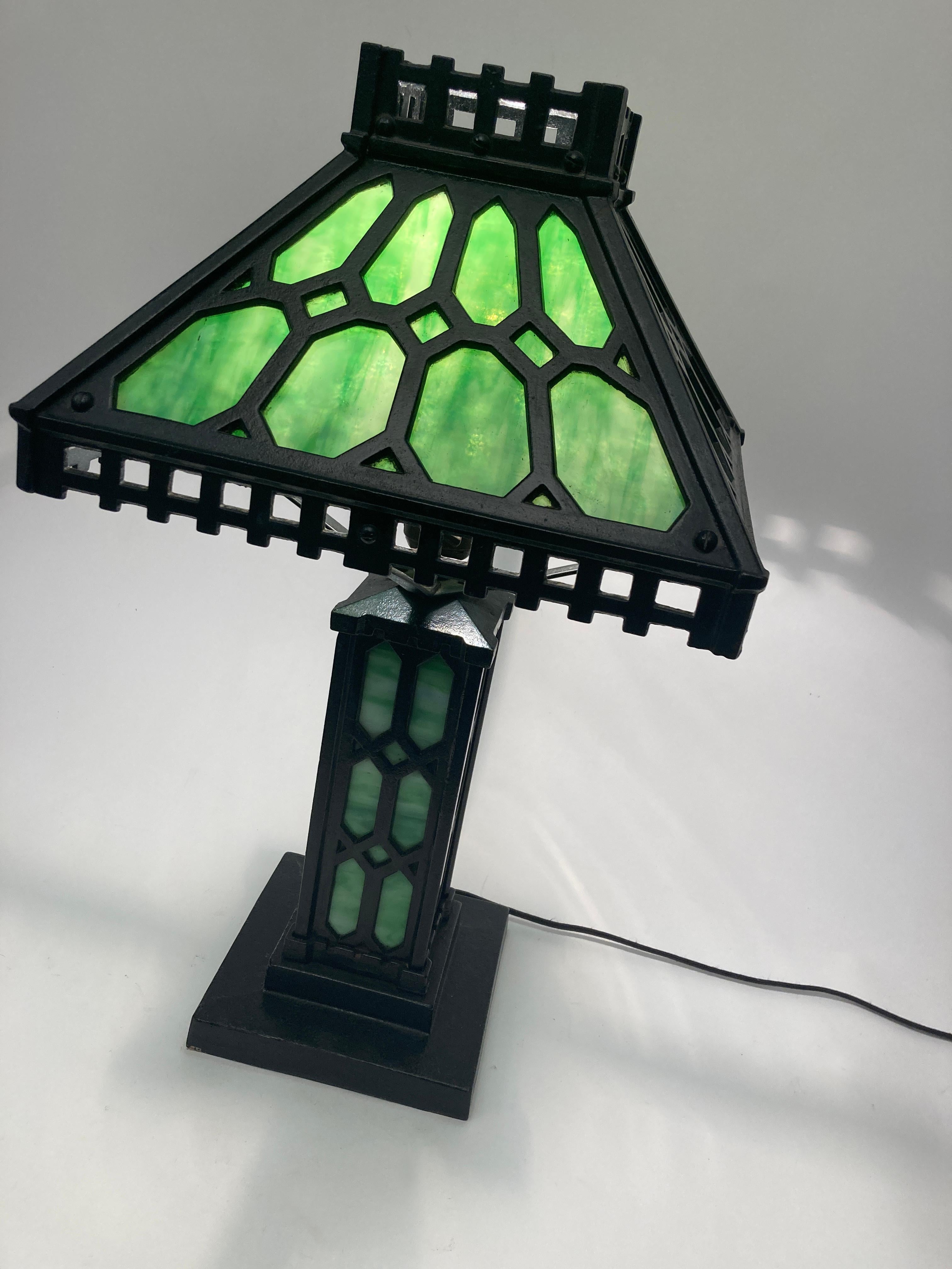 Early 20th Century 1900's Antique Bradley & Hubbard Mission Green Slag and Cast Iron Lamp For Sale