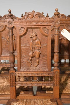 1900 Antiguo  Juego de 6 sillas de comedor, laterales, de estilo bretón, de roble, talladas.