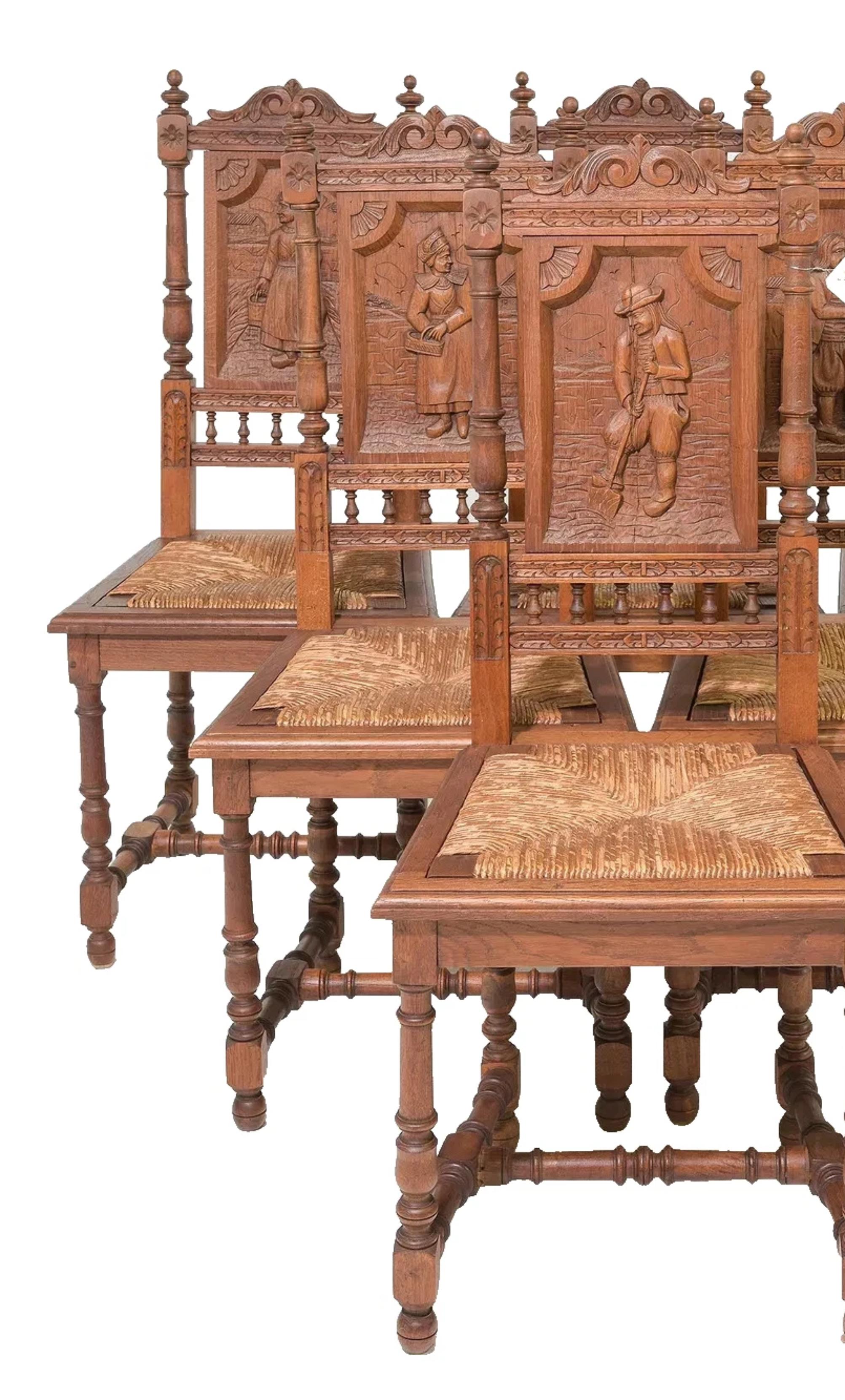 Bois 1900s Antique  Chaises de salle à manger en chêne sculpté de style breton, lot de 6 ! en vente