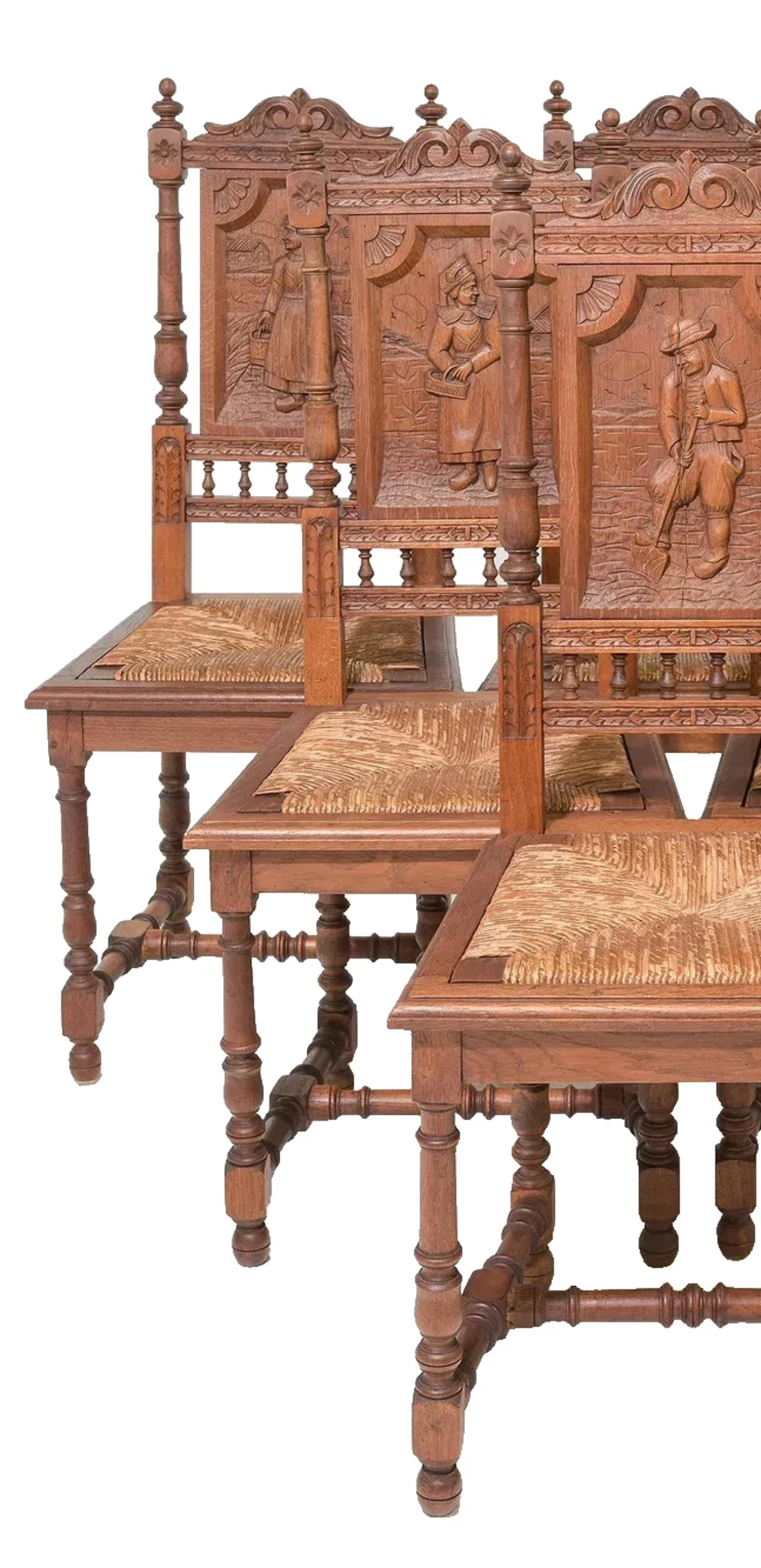 1900s Antique  Chaises de salle à manger en chêne sculpté de style breton, lot de 6 ! en vente 1