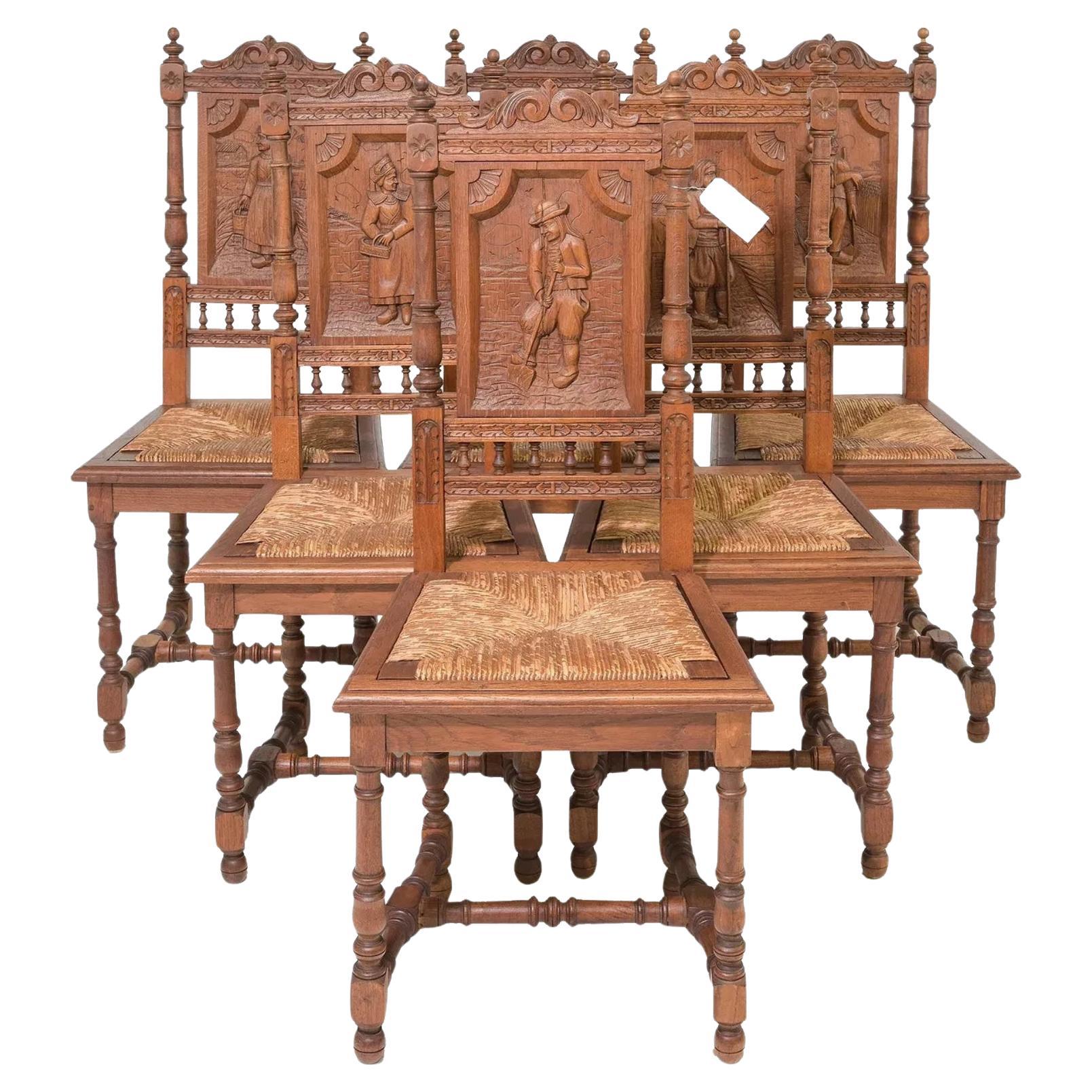 1900s Antique  Chaises de salle à manger en chêne sculpté de style breton, lot de 6 ! en vente