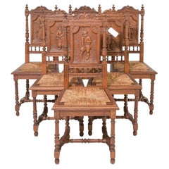 1900s Antique  Chaises de salle à manger en chêne sculpté de style breton, lot de 6 !