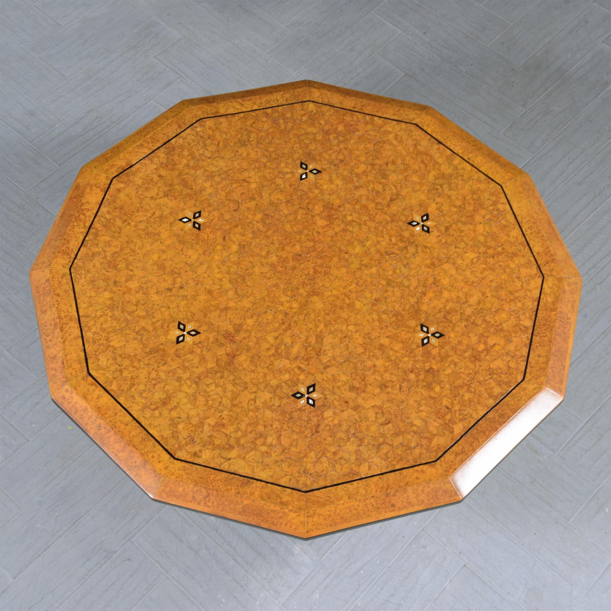 Carved 1880s Restored Walnut Veneer Center Table with Mother-of-Pearl Inlays For Sale