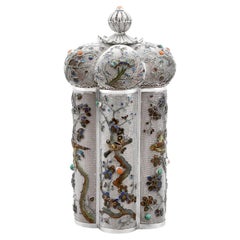 1900s, Antique Chinese Export Silver and Enamel Box Canister