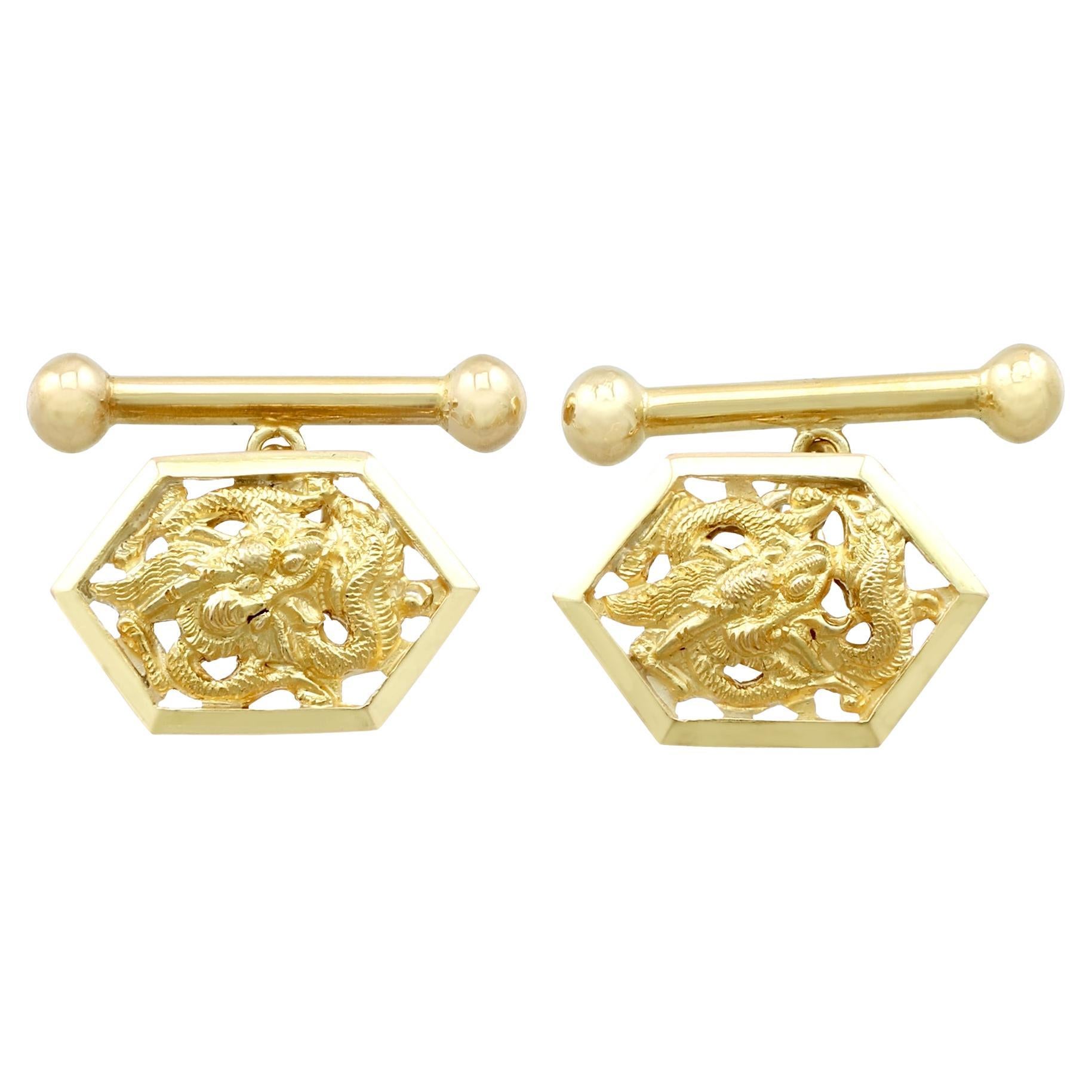 Boutons de manchette chinois anciens en forme de dragon en or jaune, années 1900