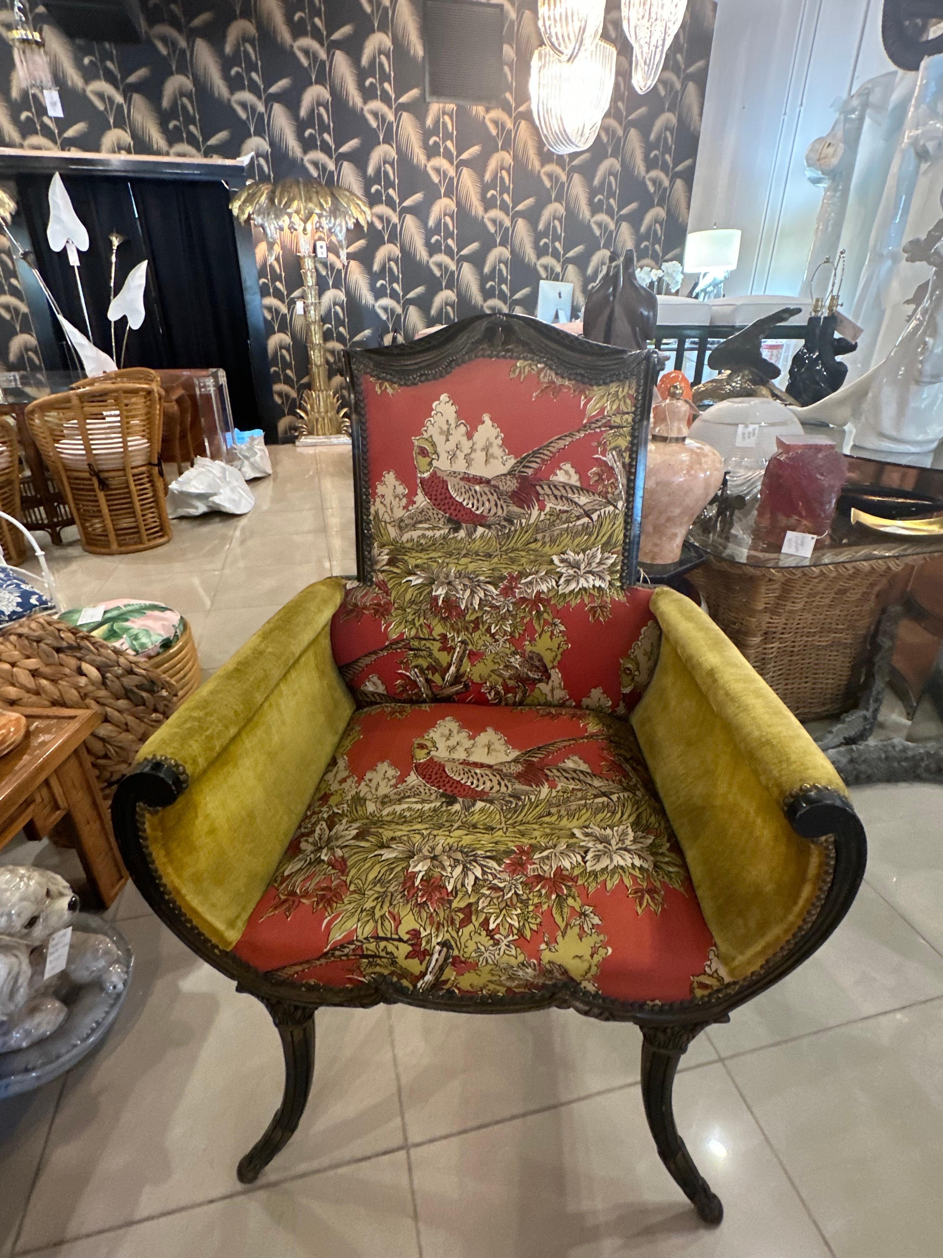 Beautiful antique pagoda chinoiserie 1900s chair with flare sides. Original upholstery which may have some discoloring and or minor imperfections. Please view photos. Incredible nailhead details. Dimensions: 42 H x 27.5 W x 22.5 D. Seat height 19.5.