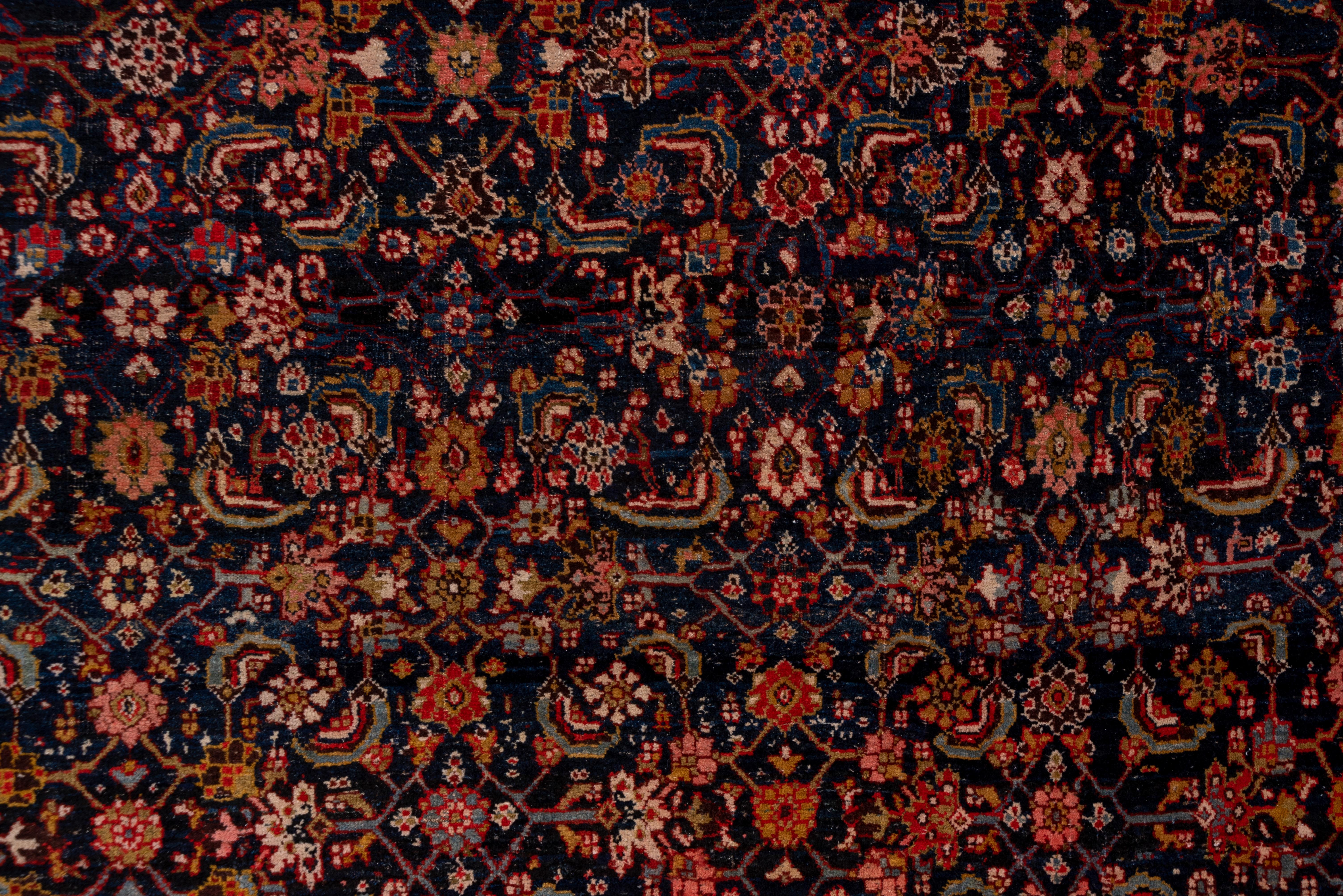 Tribal 1900s Antique and Colorful Persian Bidjar Wide Runner, Navy Field, Ivory Borders For Sale