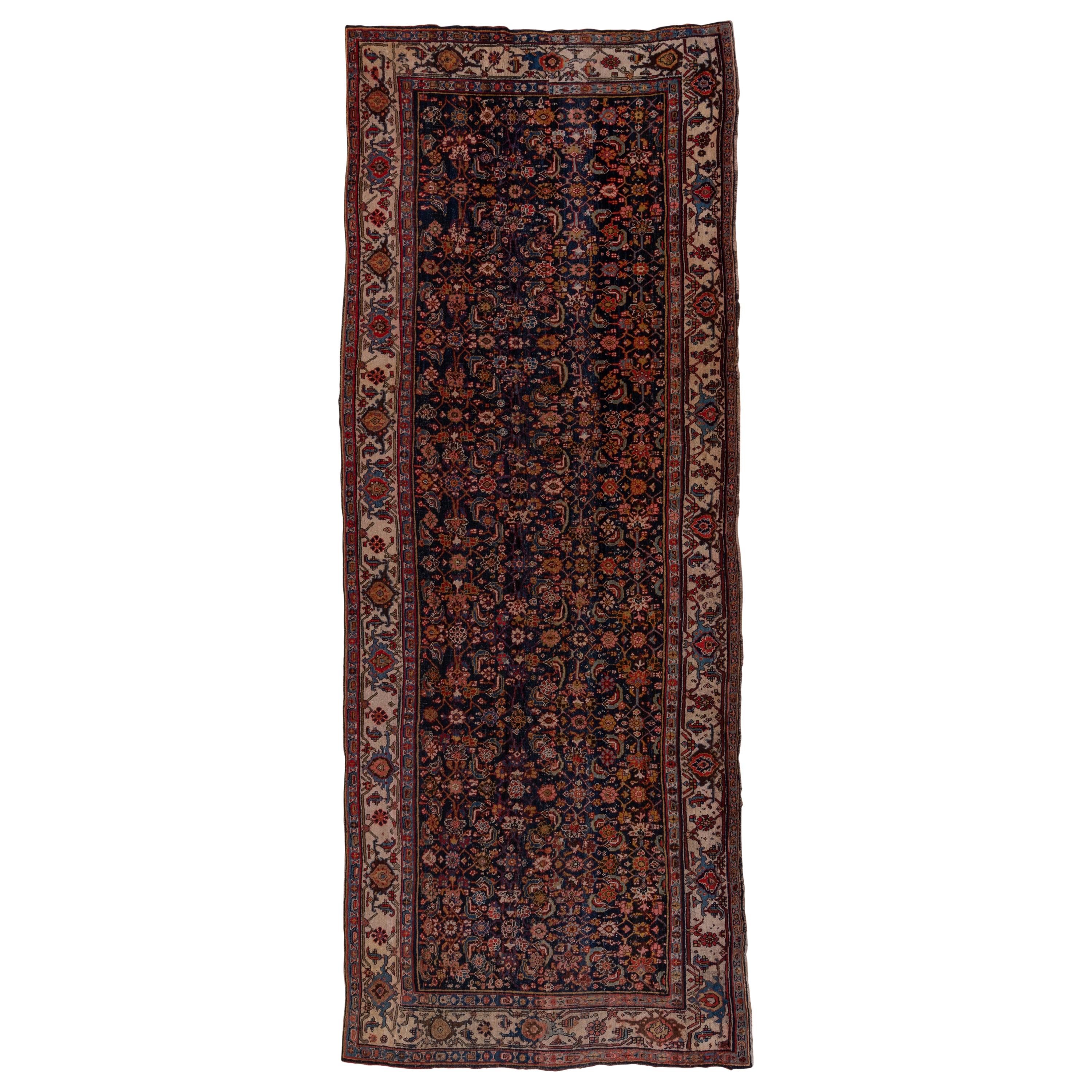 1900s Antique and Colorful Persian Bidjar Wide Runner, Navy Field, Ivory Borders