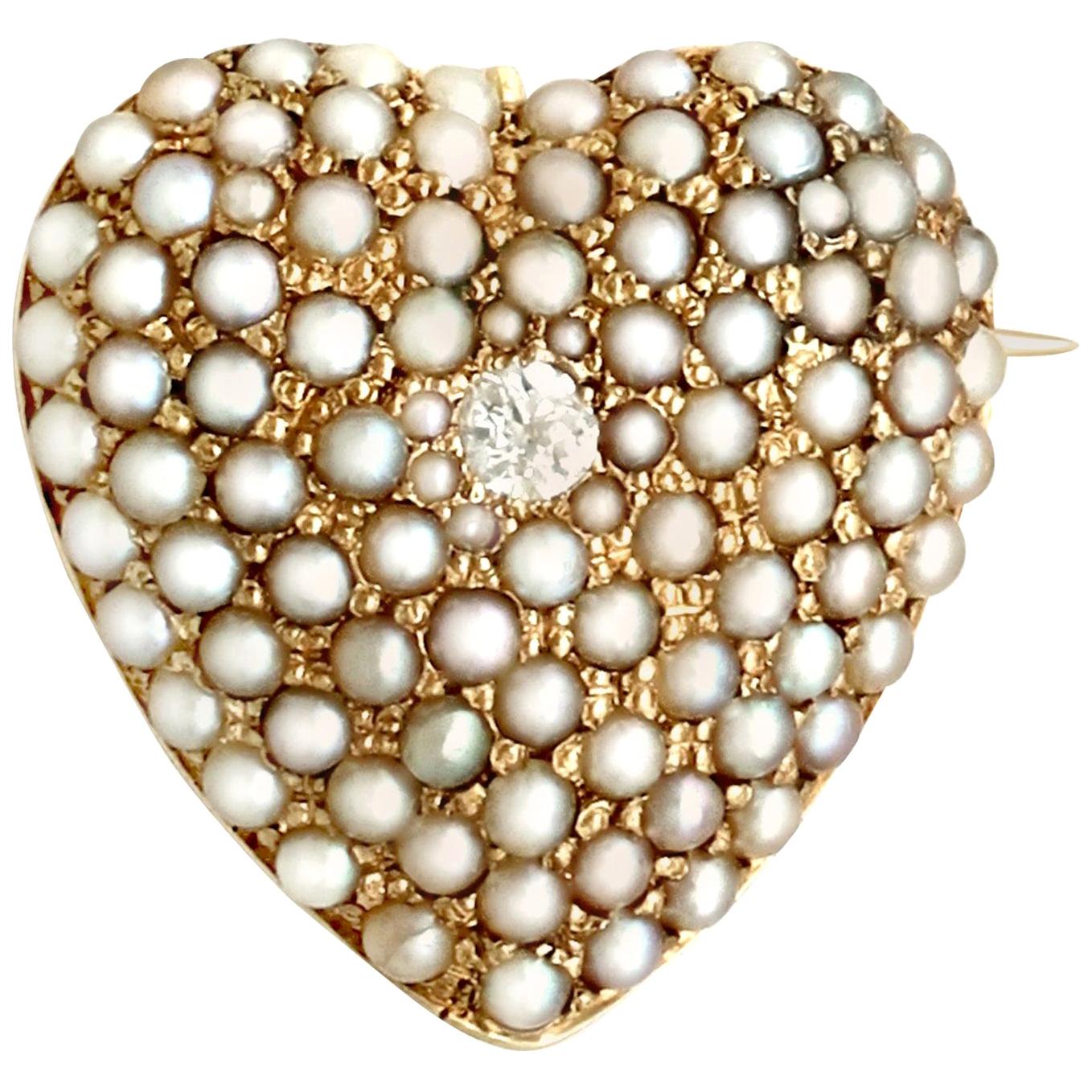 1900s Antique Diamond and Seed Pearl Yellow Gold Heart Brooch