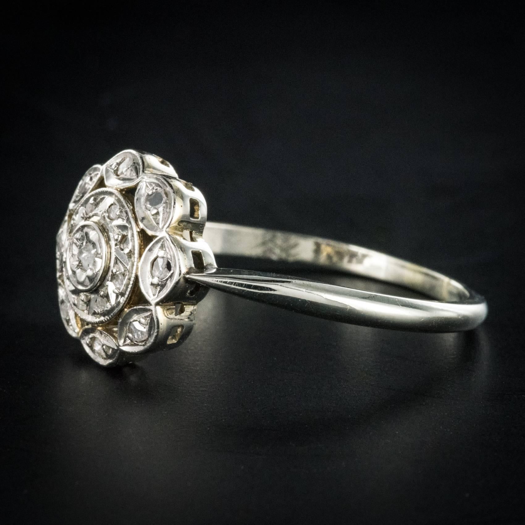 Women's 1900s Antique Diamond White Gold Platinum Flower Shape Ring 