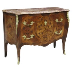 1900's Antique French Louis XV Style, Marble-Top Marquetry Cabinet, Gilt Commode