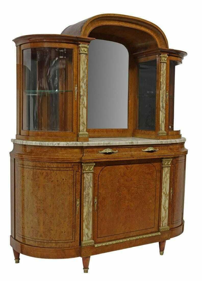 Autre Serveur d'exposition/Sideboard français ancien des années 1900 avec plateau en marbre, bois de ronce et miroir