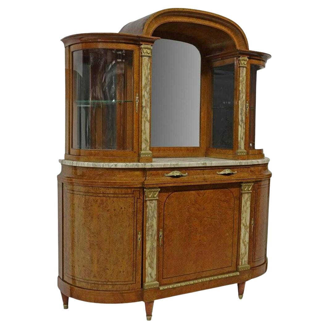 Serveur d'exposition/Sideboard français ancien des années 1900 avec plateau en marbre, bois de ronce et miroir