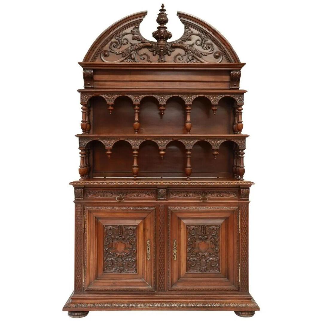 Gorgeous antique sideboard, display, French Renaissance revival walnut, 1800s, 19th century!

French Renaissance Revival walnut sideboard, late 19th century, split pediment with egg-and-dart molding, foliate carving, centering a large finial with