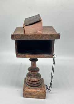 1900s Antique German Wooden Lectern and Chain with Holy Bible Printed Book