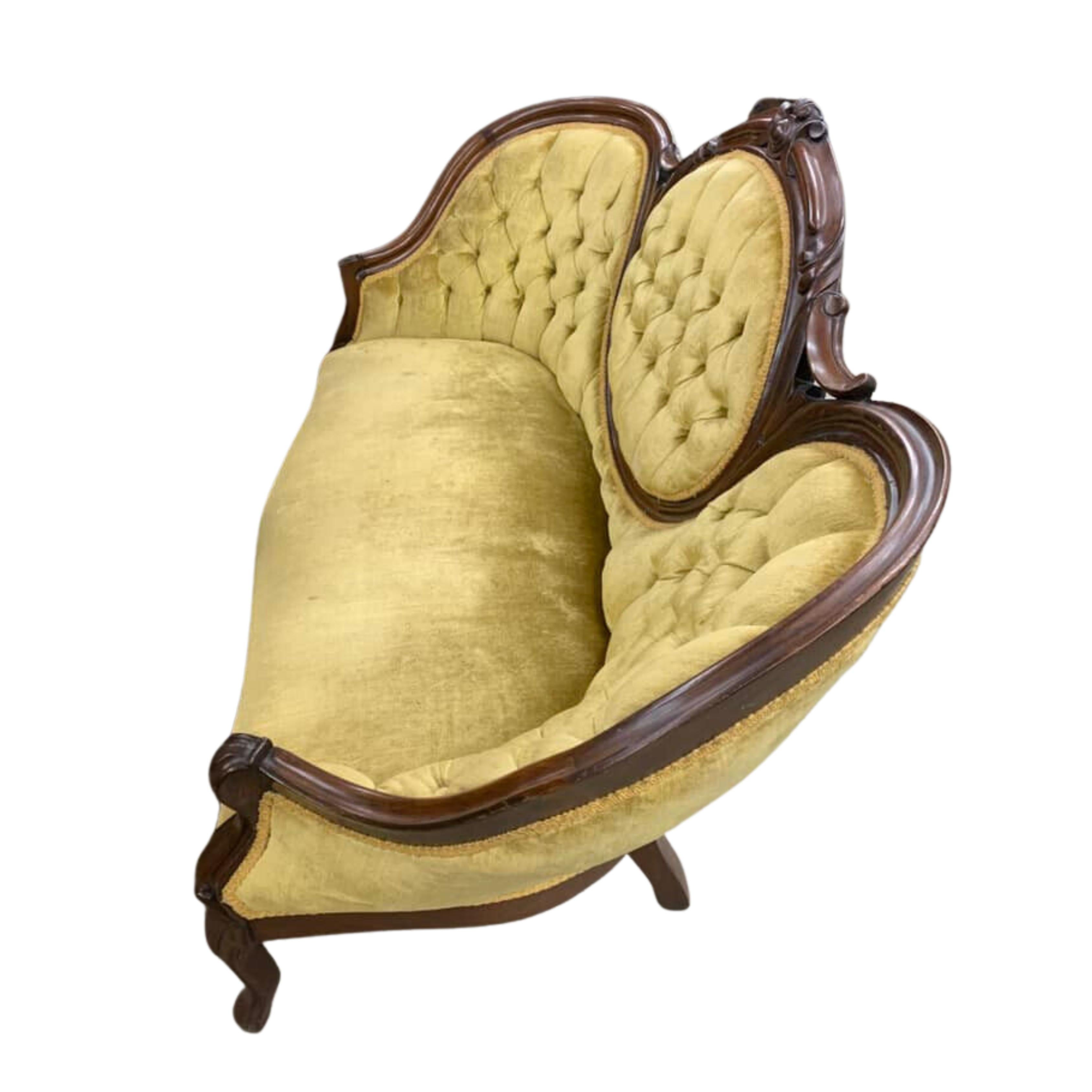 Gorgeous Antique Settee,  Gold Velvet Upholstery,  Victorian Cameo Style Back, Tufted Velvet Upholstery Sofa with Mahogany Wood Trim.  

 Perfect for a parlor, foyer, or entry way.  Antique Settee, Gold, Velvet,  19th / 20th C, 1900's, Charming!