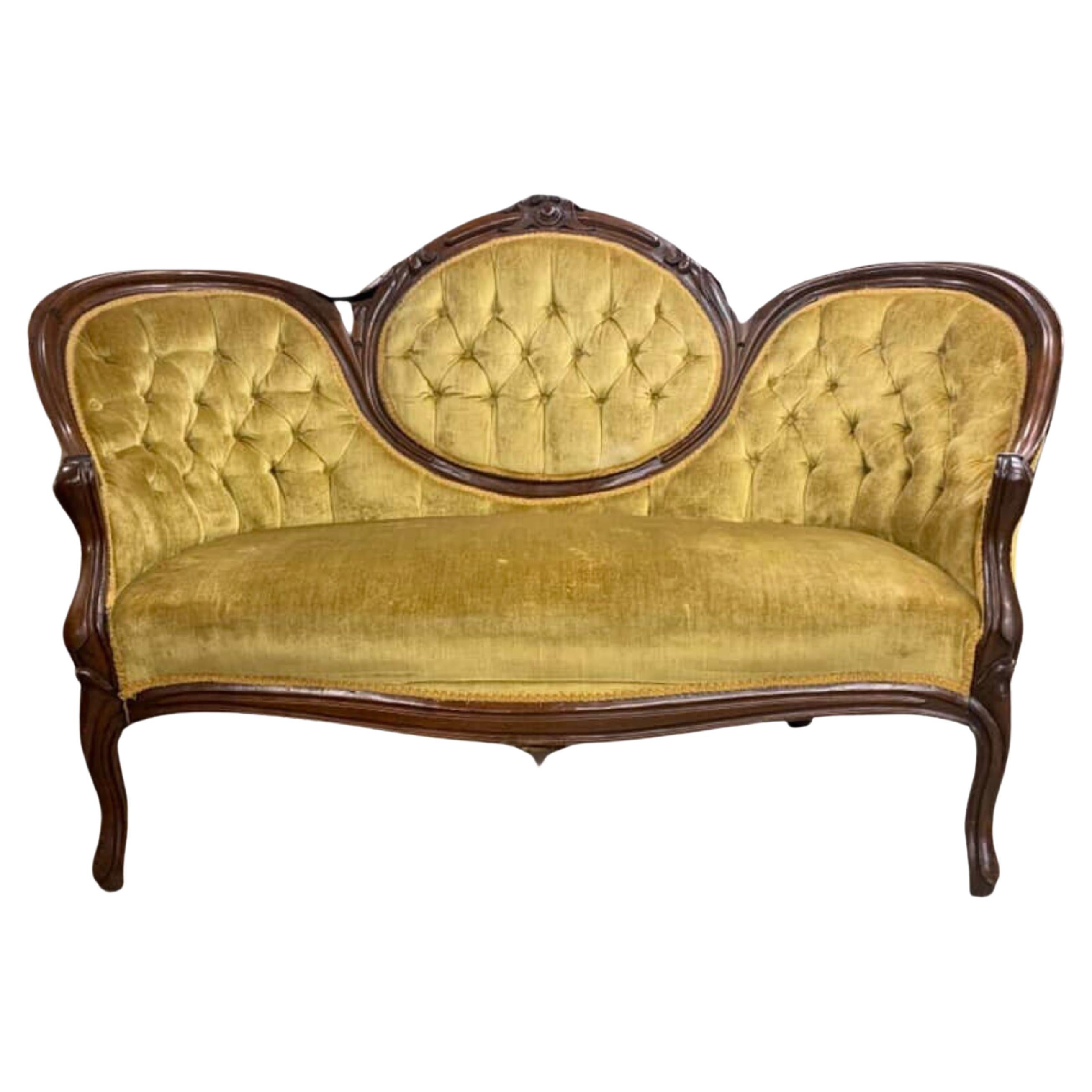 1900's Antique Gold, Velvet, Tufted, Mahogany, Cameo Style Back Settee!!