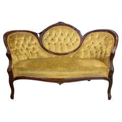 1900's Antique Gold, Velvet, Tufted, Mahogany, Cameo Style Back Settee!!