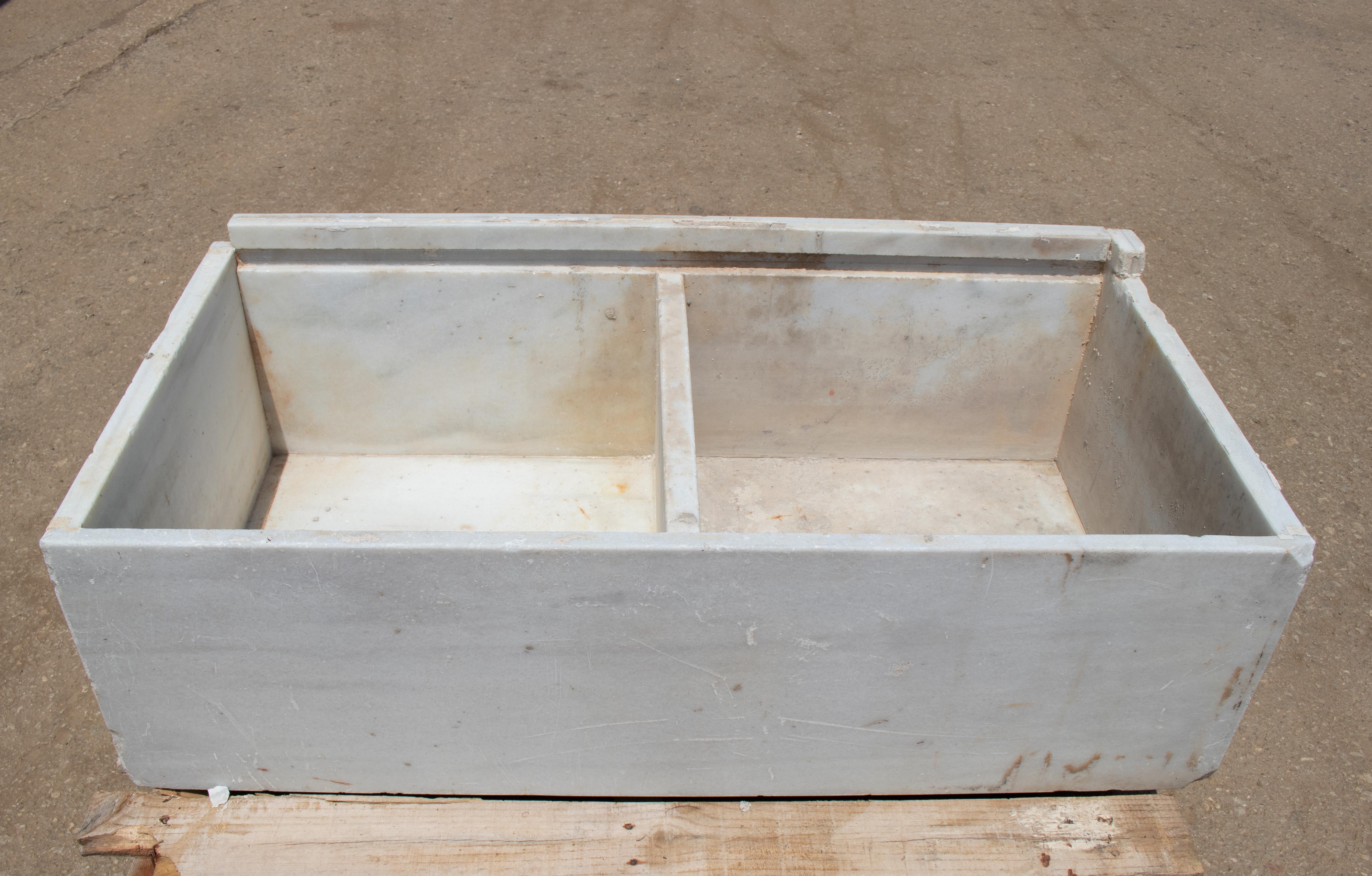1900s antique hand carved white marble double basin kitchen sink.
