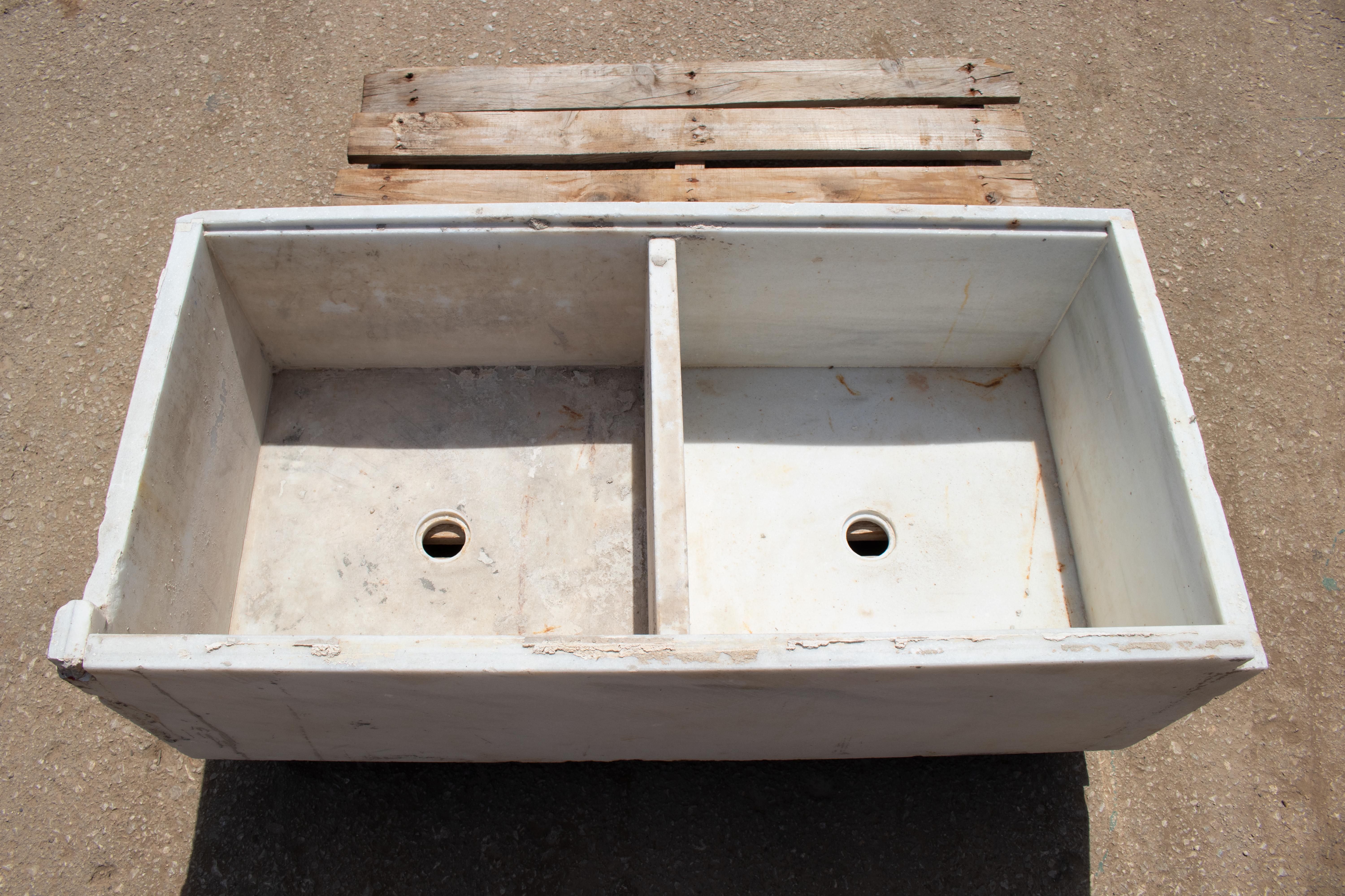 1900s Antique Hand Carved White Marble Double Basin Kitchen Sink 2