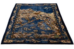 1900s Antique Handmade Chinese Peking Wool Rug In Blue with Traditional Design