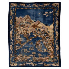 1900s Antique Handmade Chinese Peking Wool Rug In Blue with Traditional Design