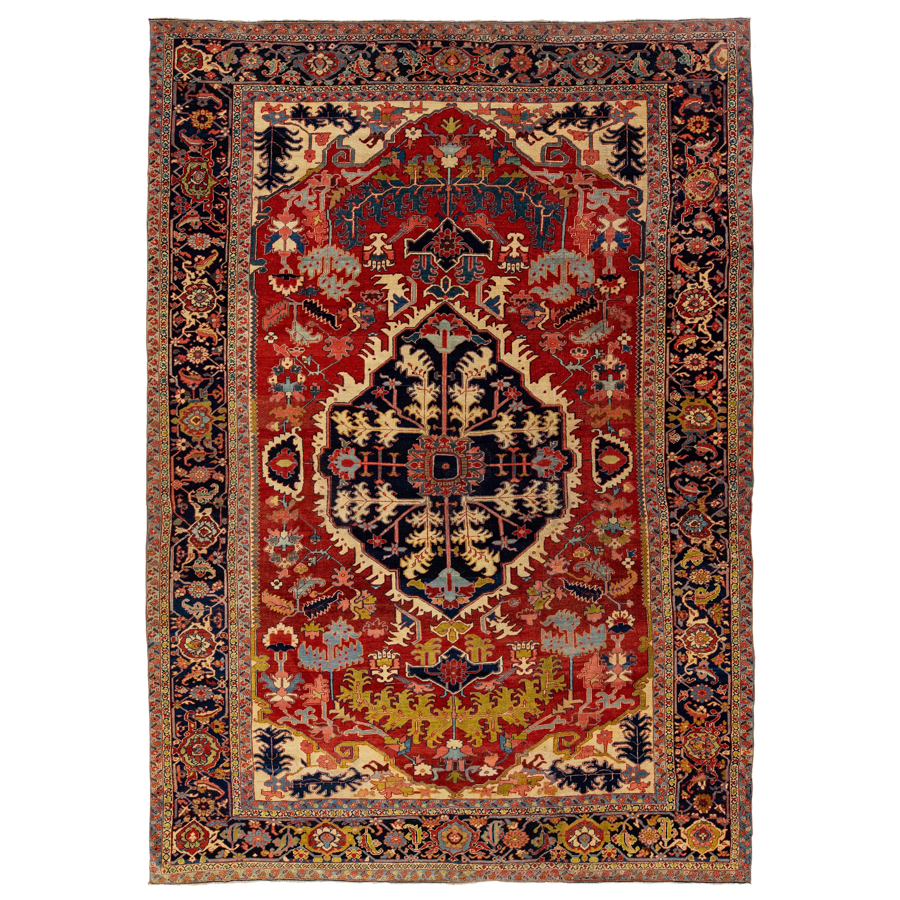 1900er Jahre Antiker handgefertigter Wollteppich Persisch Heriz mit Medaillon-Motiv im Angebot